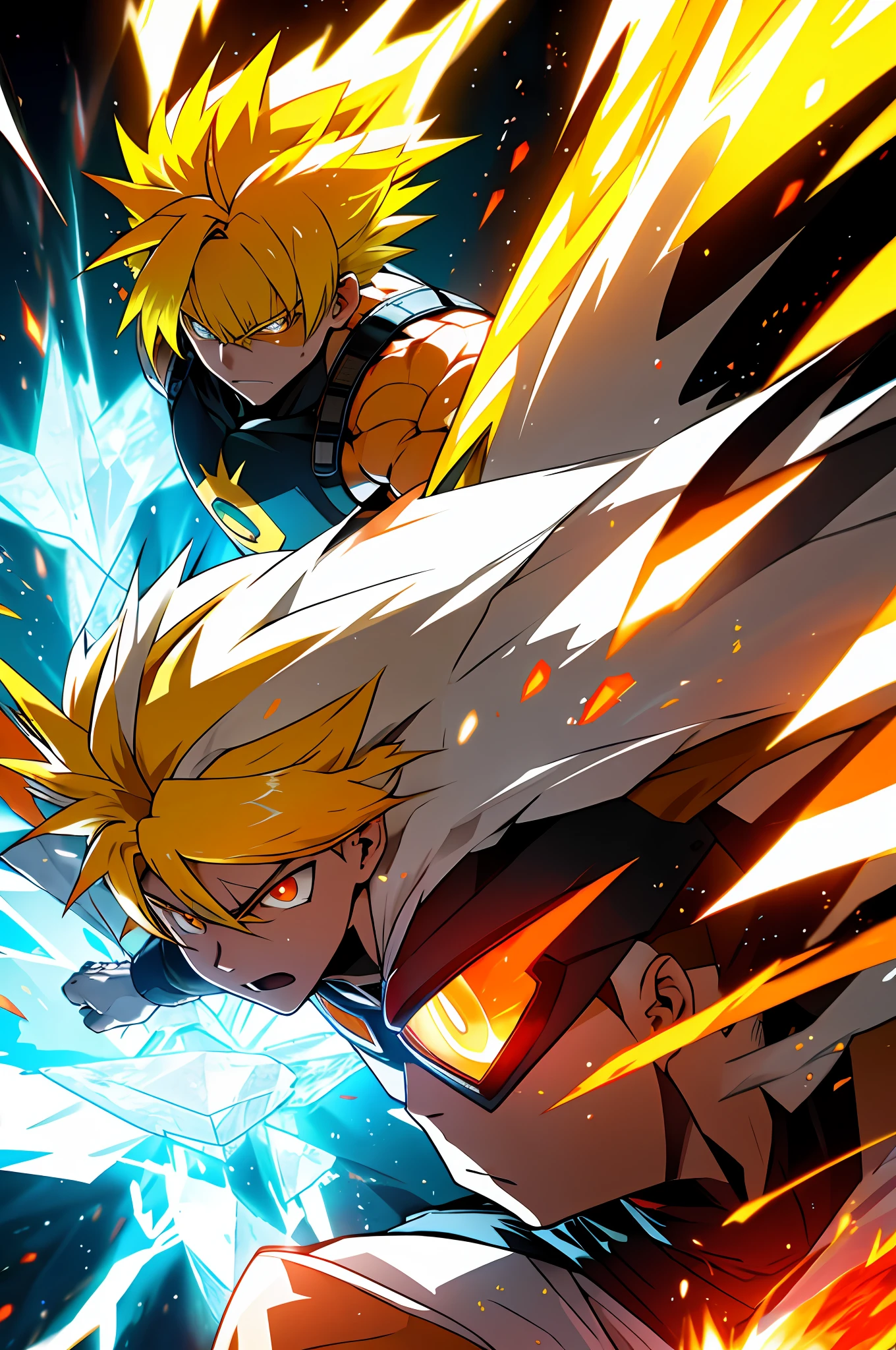 Ultra Supersayajin, diamond yellow hair color and red eyes, in battle, focus effect