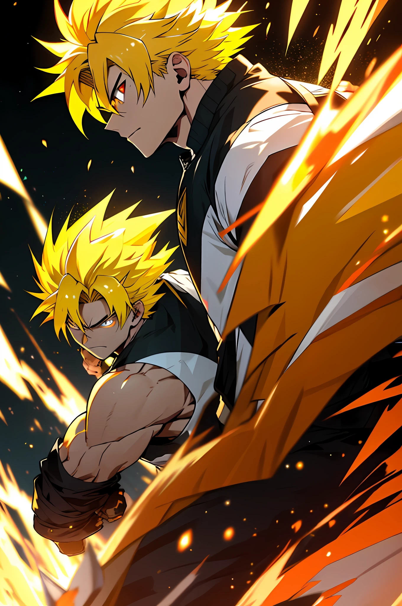 Ultra Supersayajin, diamond yellow hair color and red eyes, in battle, focus effect