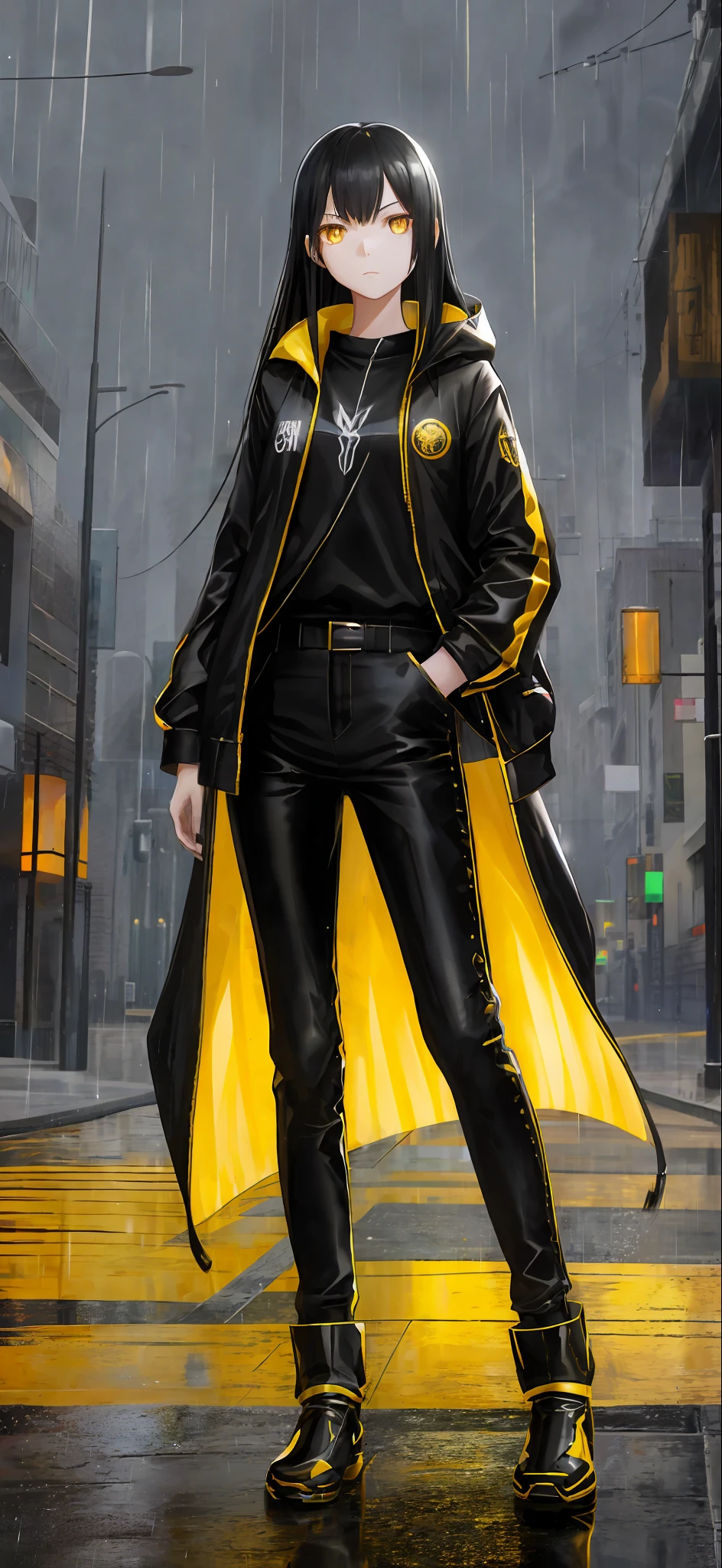 A girl, long black hair, golden eyes, yellow jacket, hand pockets, raining, standing on the street, moon hanging high, outdoor scene, 8k resolution, very detailed, anatomically accurate, clear images, dominated by digital painting, concept art, Shinkai Makoto style.