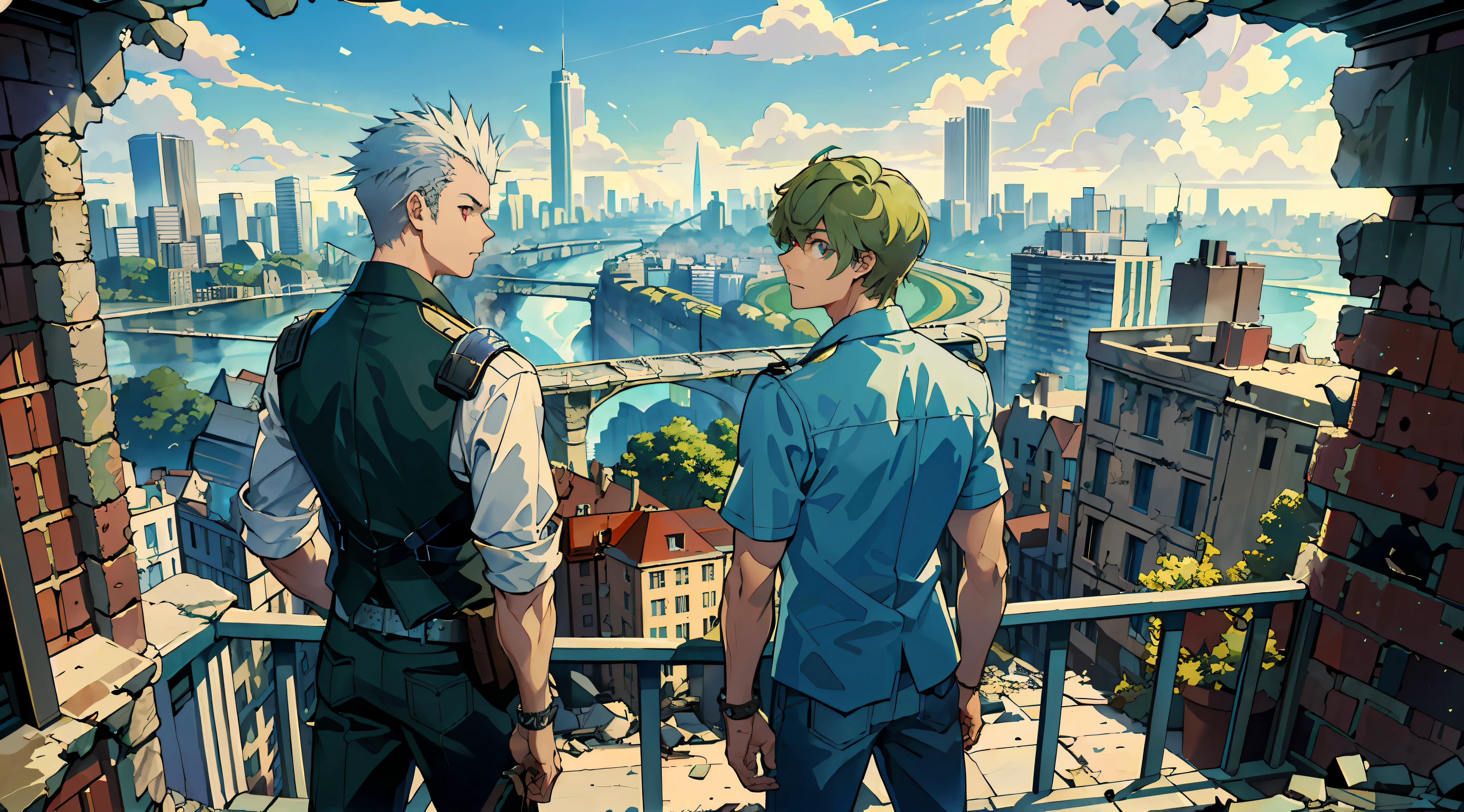 ((Masterpiece: 1.4, Best Quality)), ((Masterpiece, Best Quality)), Fisheye, Golden Spiked Hair and Red Eyes, Towering Buildings and Crumbling Cityscapes of Highway from the Stairs, Blue Sky, Magnificent View, Lens Flare, Armor, Cowboy Shots