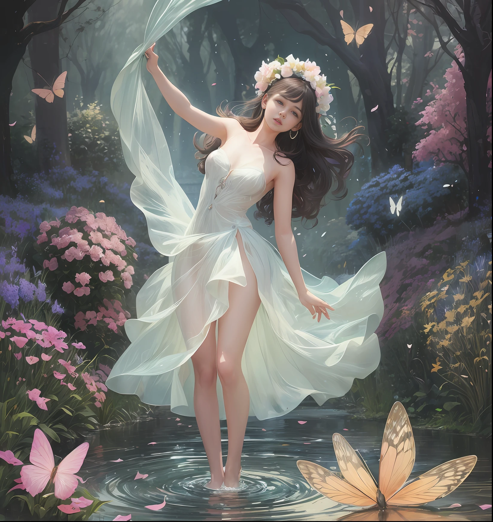 1girl, solo, full body, (masterpiece:1.21), (best quality:1.2), colorful, (illustration:1.2), (cinematic lighting:1.1), (bare shoulders:1.21), (nsfw) In this whimsical garden of fantasy, the scene is illuminated by a rainbow ((nude), Dance in the air. Soft (drizzle) adorns the garden, creating a hazy and ethereal atmosphere. In the center of the picture, there stands a single girl, an extremely delicate girl, with cute facial features and an innocent expression. Her long hair fluttered in the wind. She wears an ultra-low-cut strapless dress that accentuates her curves. The lighting is very delicate and beautiful, creating a soft and warm glow that highlights the surface of the water and makes it sparkle like a diamond. The best grass is also illuminated, creating a lush carpet. The garden is surrounded by colorful fields of flowers of all colors and shapes. You can see (colored butterflies) of various colors and sizes flying in the scene, adding to the overall sense of wonder and magic. (Officers), a flush can be seen on the bridge of the nose, and the mouth is slightly open, which adds to the overall sense of innocence and youth. Falling petals can be seen floating around her, adding to the overall romance and beauty. The gentle breeze, rustling leaves and swaying flowers add to the overall dynamism and vitality. It is a scene of pure wonder and magic, full of color and beauty, and viewers can lose themselves in this fascinating and fascinating world. --auto --s2