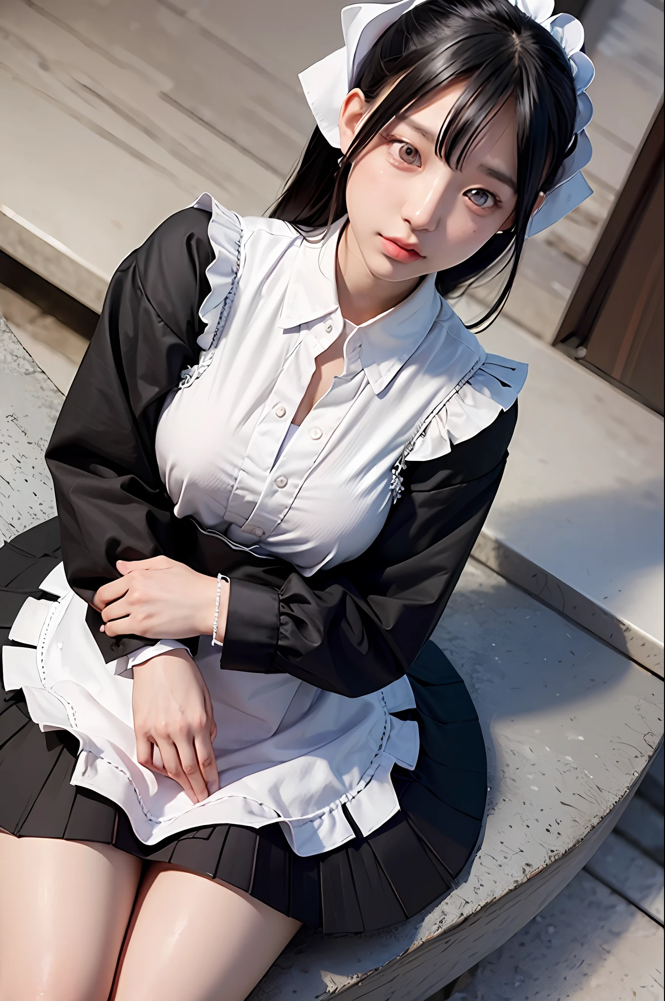 (((maid clothes)))), (((big)))), Korean, Heterochromic eyes, Small moles under the eyes, Black hair, 30 years old, outdoor, nasty face