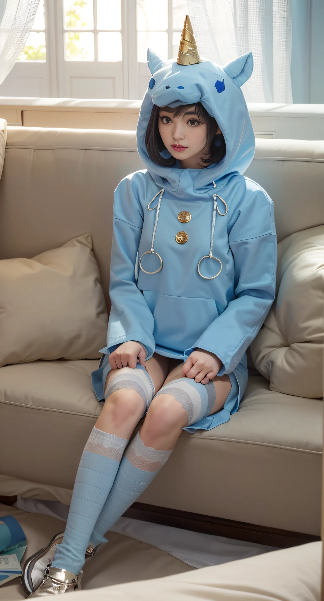 Highest image quality, outstanding detail, ultra-high resolution, (fidelity: 1.4), best illustration, favor details, Tyndall effect light through windows, in the mansion, highly condensed 1girl, sitting on sofa, light blue hood, light blue unicorn's pajamas, blue and white mesh knee socks, delicate skin, delicate makeup, upper body, close-up, 8k, RAW photos, best picture quality, masterpiece, realism, divided bangs, long hair,