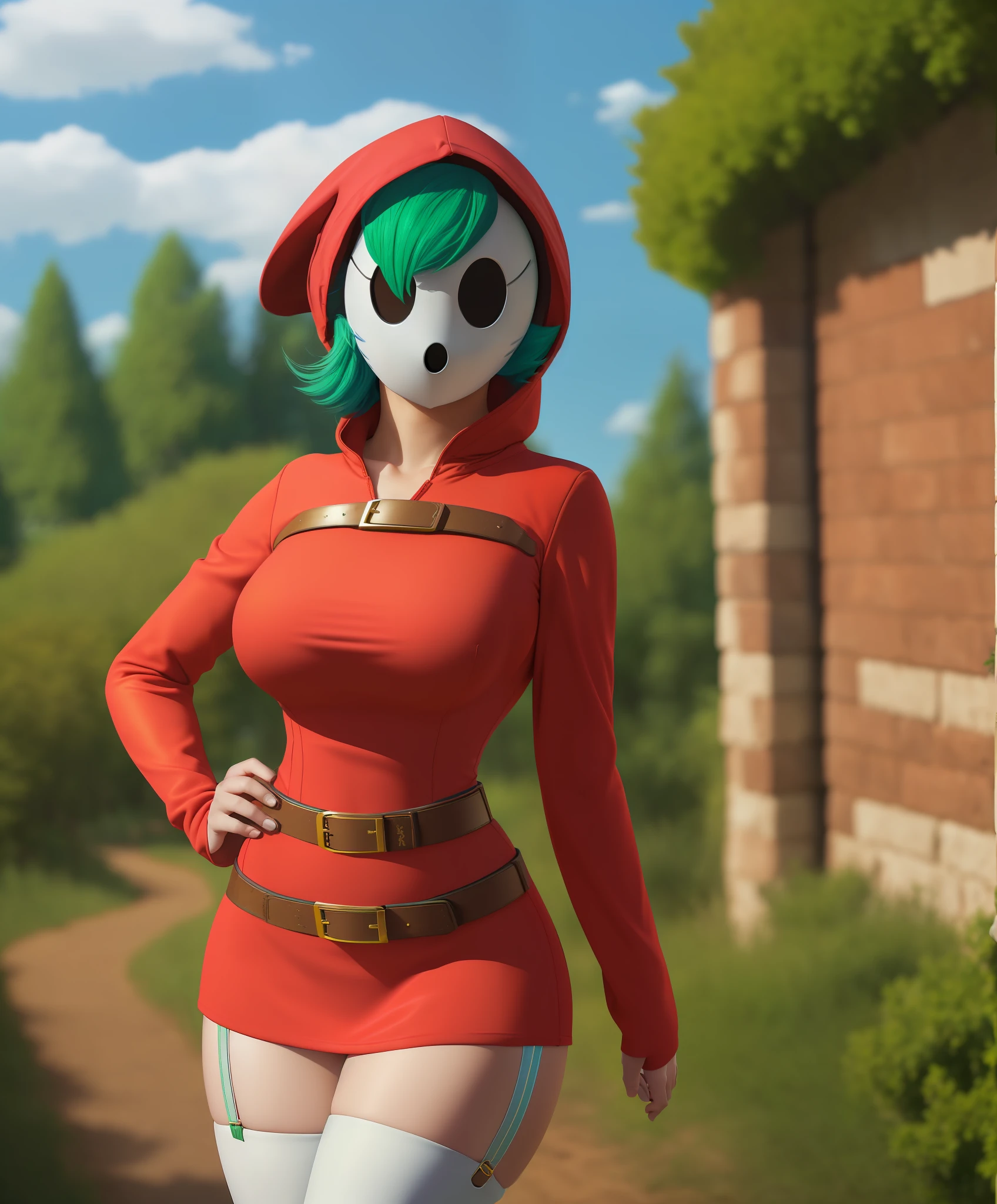 [shy gal], [Uploaded on e621.net; (mayosplash), (pixelsketcher), (minus8)], ((young woman)), ((high definition)), ((solo portrait)), ((full body)), ((detailed shading)), ((raytracing)), ((ambient lighting)), ((beautiful 3D art)), {(young woman; (shy guy mask on face, green hair, red hood, red bodycon dress, white knee high socks, garterbelt buckles, brown belt on chest and waist, blue wide heel boots, medium boobs), [background; (open field; trees, sunny, clouds)]