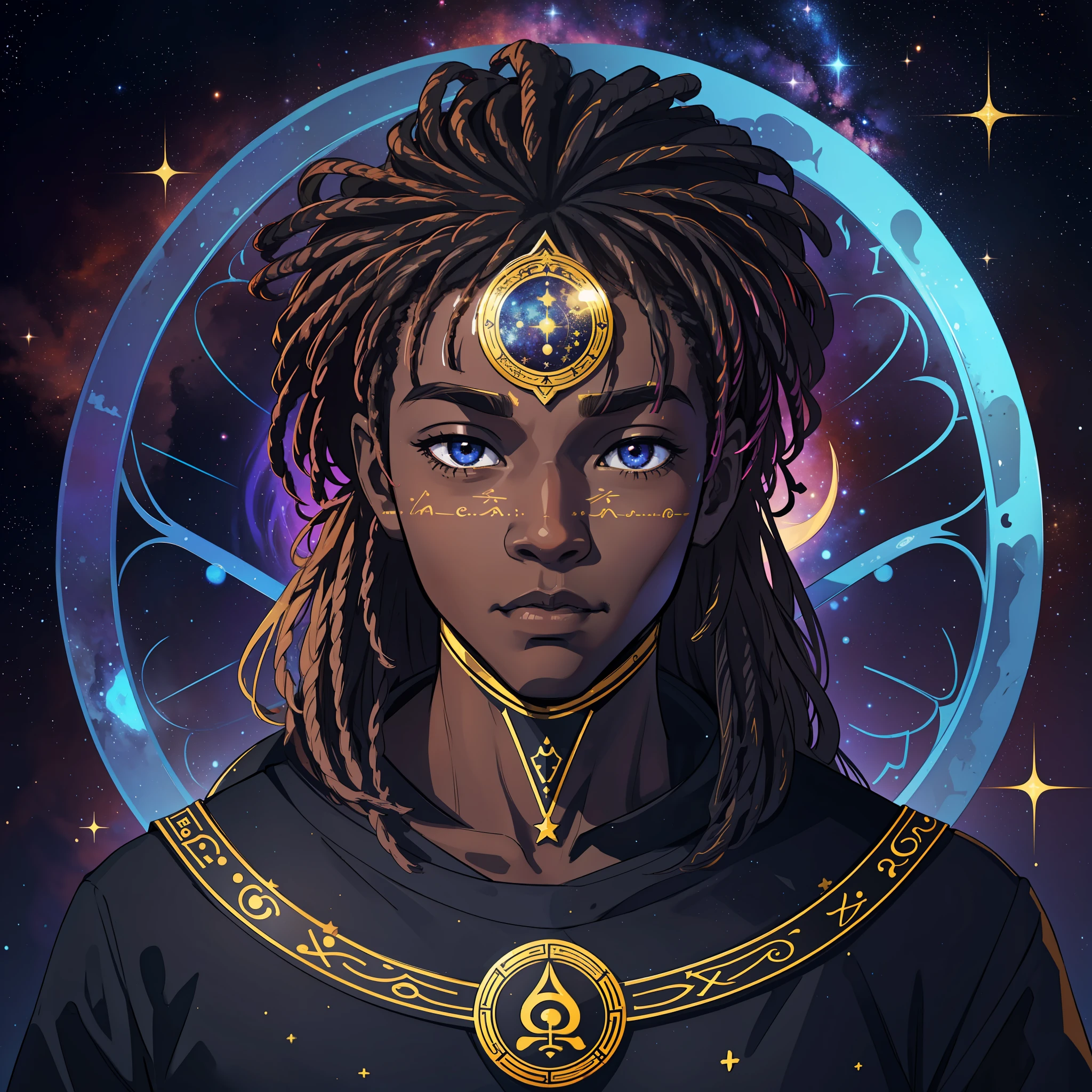 create a black man with unique characteristics, inspired by the sign of Libra and the cosmological stars An artistic representation of the essence of this sign, with striking features and a mysterious aura, leave in evidence traces and use mystical tones and colors that represent the air, leave in evidence the element AR that represents the sign of Libra