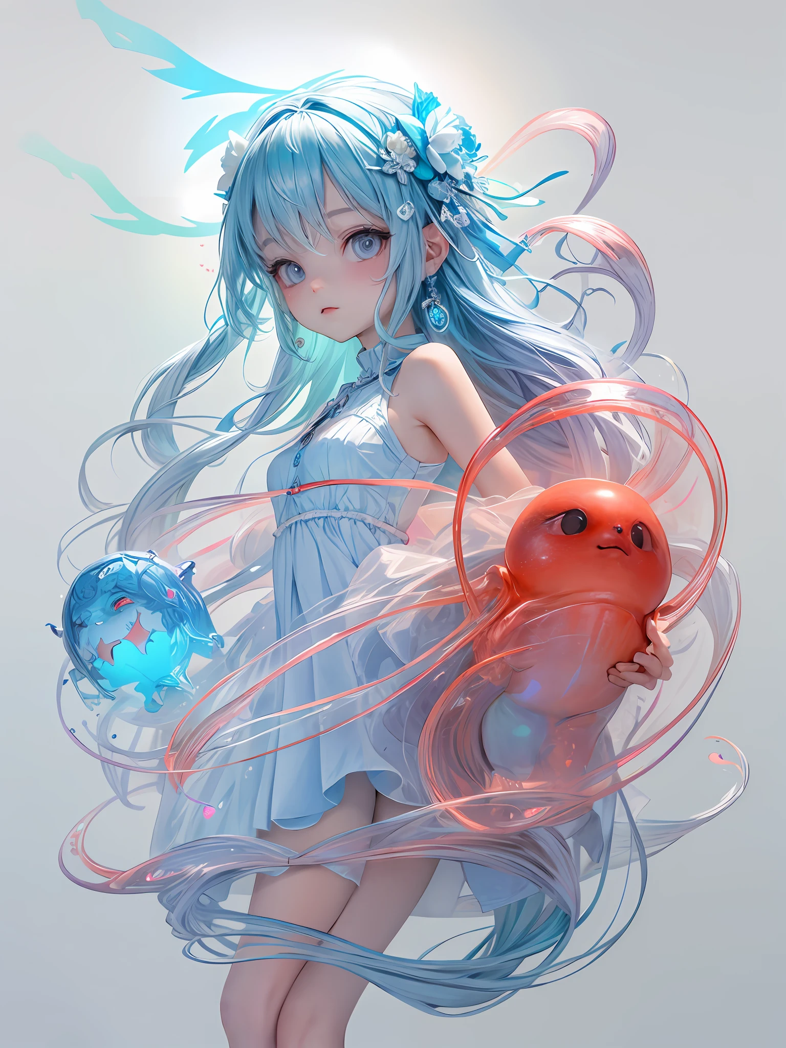 Masterpiece, best quality, official art, 8k wallpaper, very detailed, illustration, 1 girl, sky blue hair, transparent dress, two ghostly transparent babies
