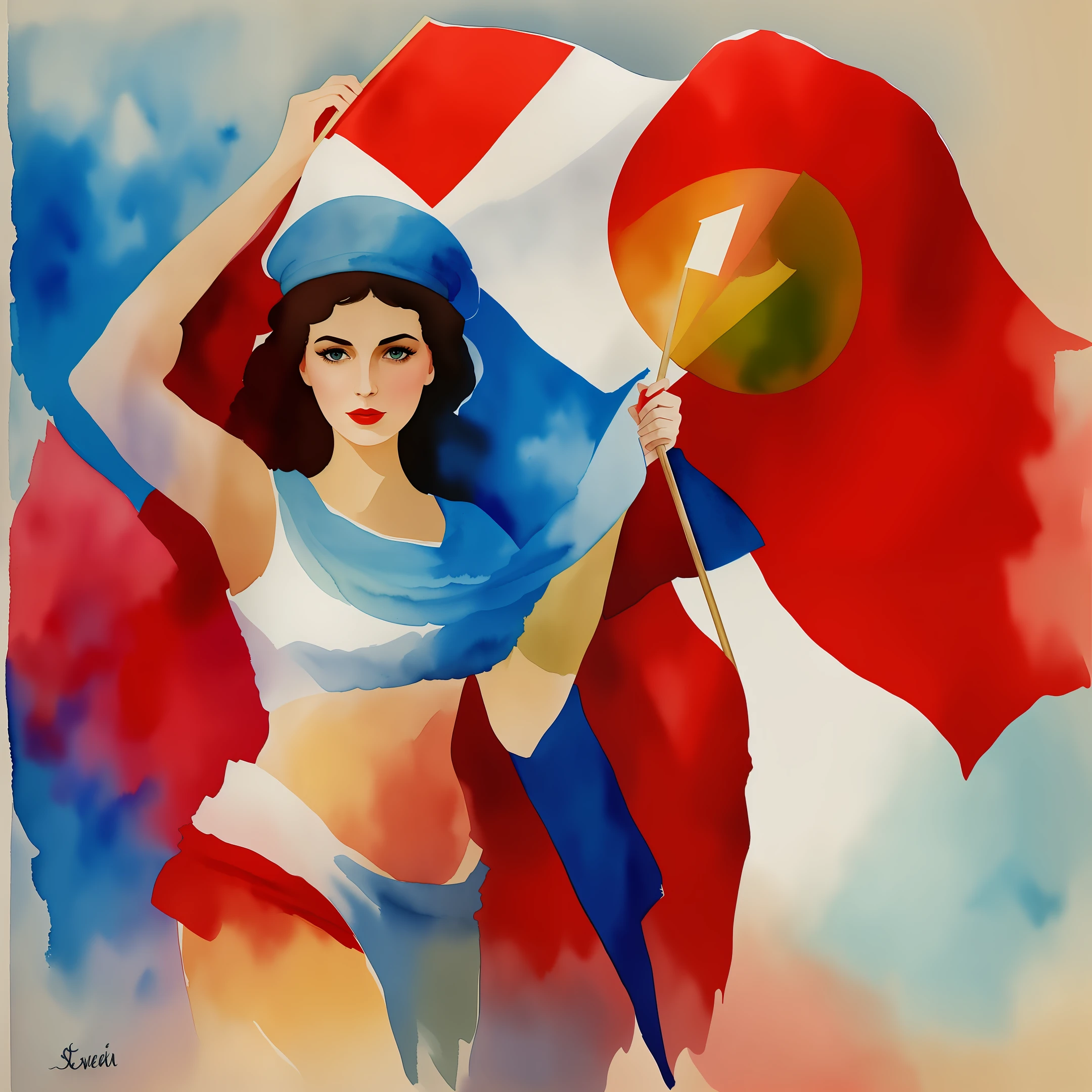 Watercolor woman with flag ra soviet union by body