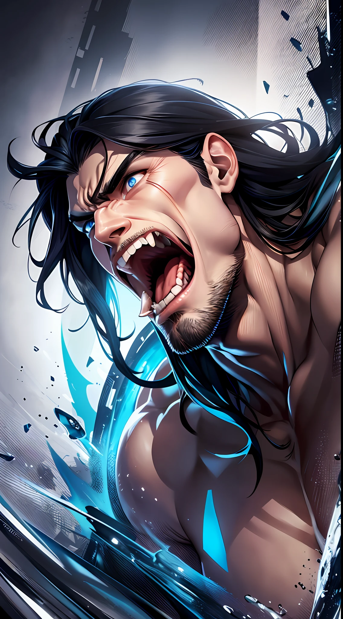Tall guy, long black hair, blue eyes, muscles, toothy mouth, mouth open, furious scream, masterpiece, high quality