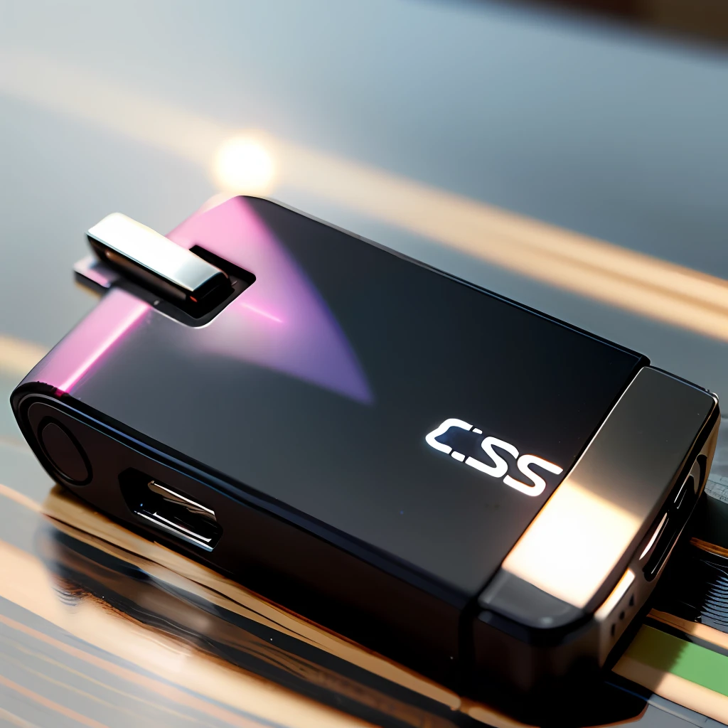 A USB flash drive on the table, give a close-up of the USB drive, with a little small decoration commonly used on the table around it, the overall bright style