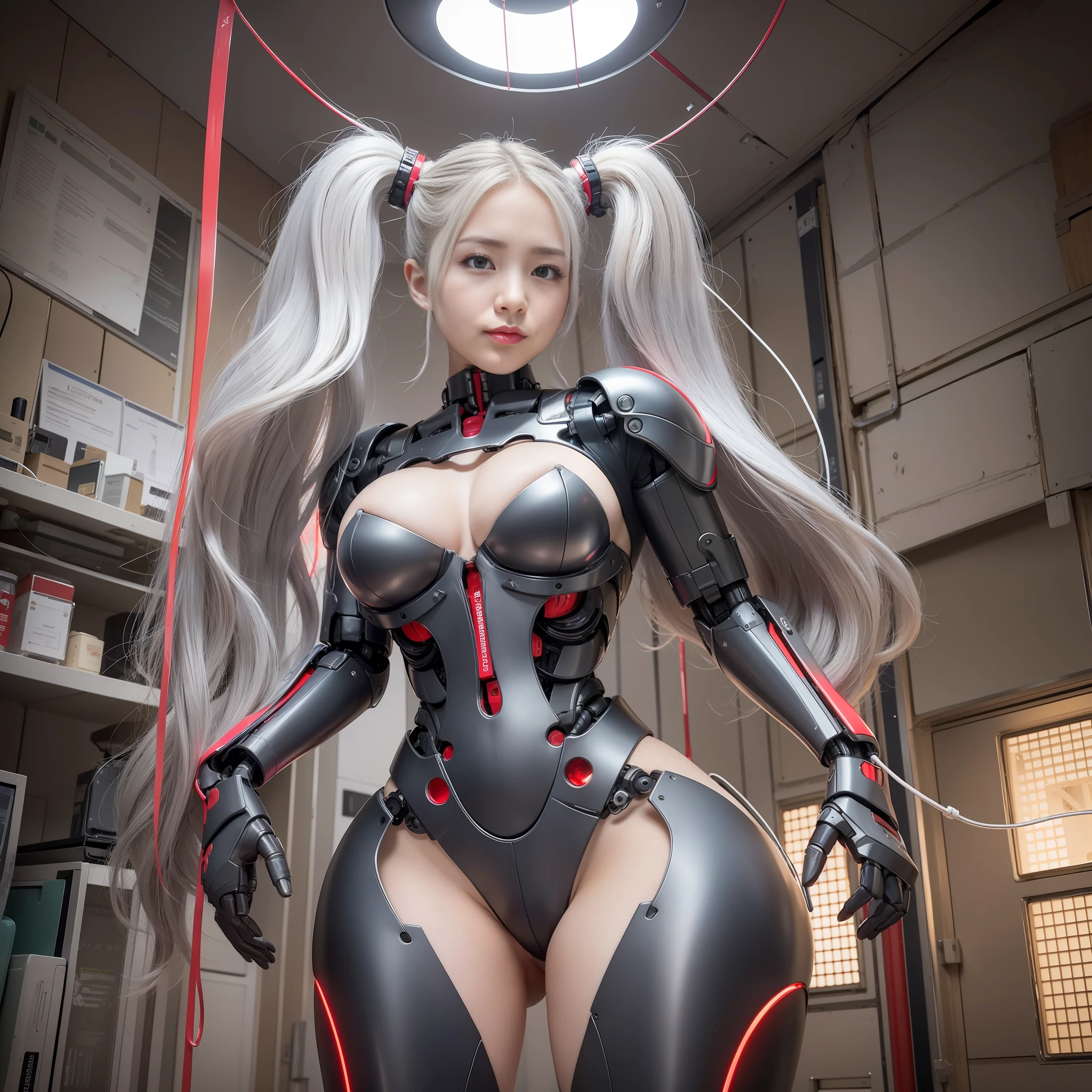 Beautiful Face,Face is Japan, 1 Woman, Big, Curvaceous, (8k, RAW Photo, Best Quality, Masterpiece: 1.2), (HDR, Realistic, Photorealistic: 1.37) (Blood vessel attached to tube), (Bikini Cyborg Robot Parts)))), (Light Grey Hair), Long Hair, Wavy Hair, Twin Tails, Medium Shot, ( Seductive smile)), (black eyes), princess cut,from below,(whole body),posing,,inside the lab,( blood vessel connected to a tube),((mechanical vertebrae attached to the back)),((mechanical neck attached to the neck)),(wire cable attached to the head and body),(character focus),science fiction,perfect female figure,perfect anatomy,ultraanatomy, Full body shot, up to 4 fingers and 1 thumb relationship,