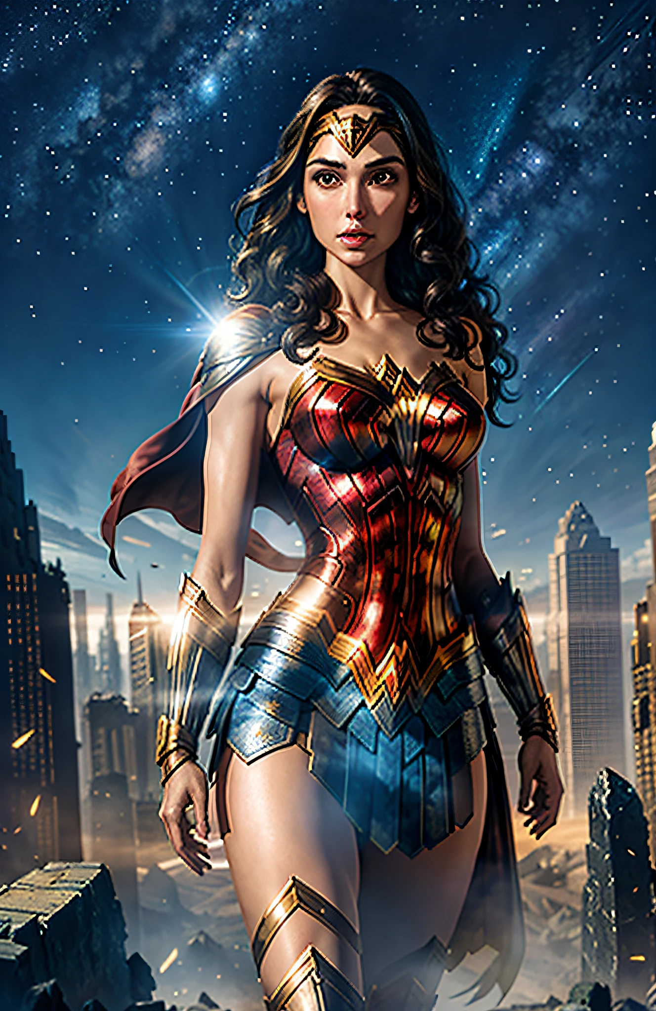 Gal Gadot as Wonder Woman, her black armor reflecting the light of the stars, surveying the ruins of a long-lost city.
