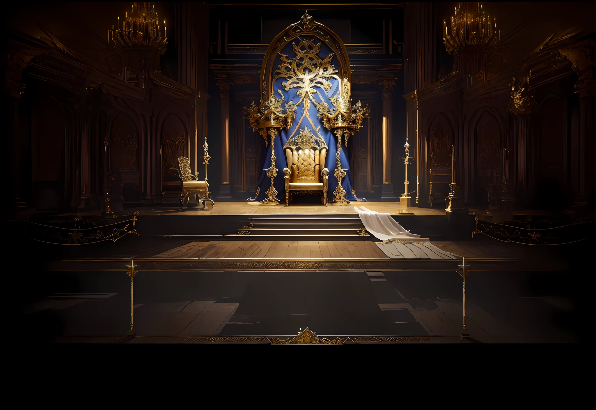 there is a large room with a throne and a chair, decadent throne room, rustic throne room, throne room, exquisitely designed throne room, gold throne, golden throne, interior background art, lying a throne in a fantasy land, in a throne room, stunning arcanum backdrop, background artwork, palace background, background art, broken throne, castle background