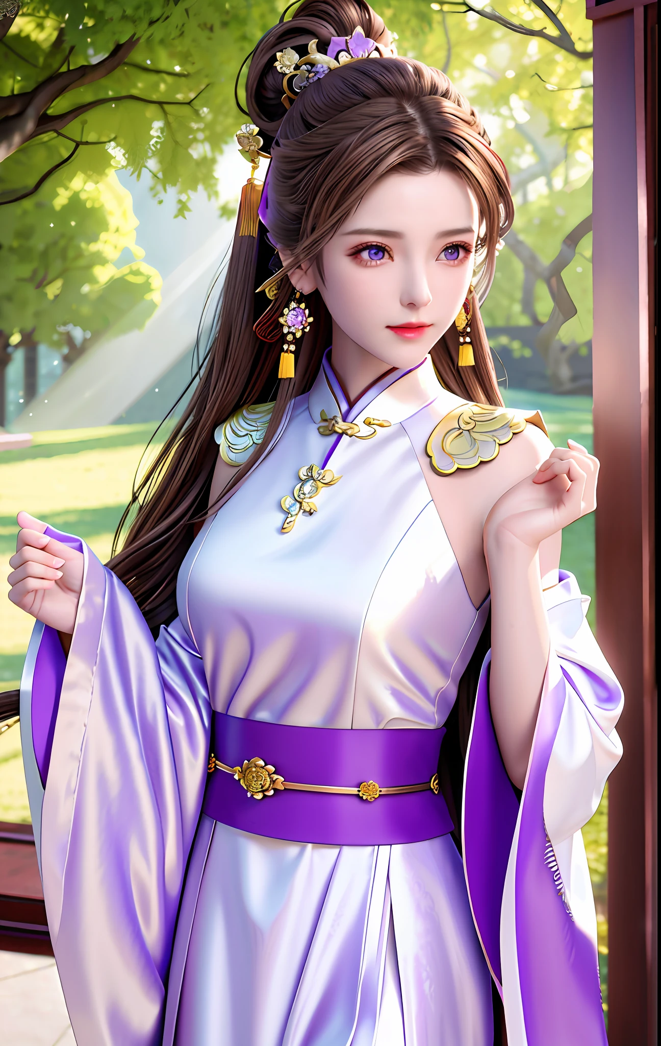 best quality, masterpiece, high_res, 1girl, hair ornament, necklace, jewelry, Beautiful face, tyndall effect, photo realistic, rim lighting, (high detailed skin:1.2), 8k uhd, dslr, soft lighting, high quality, volumetric lighting, candid, Photograph, high resolution, 4k, 8k, Bokeh, medium breasts, absurdres, (light brown hair color), (purple eyes color), white traditional chinese dress, ponytail contorted, best ratio four finger and one thumb,