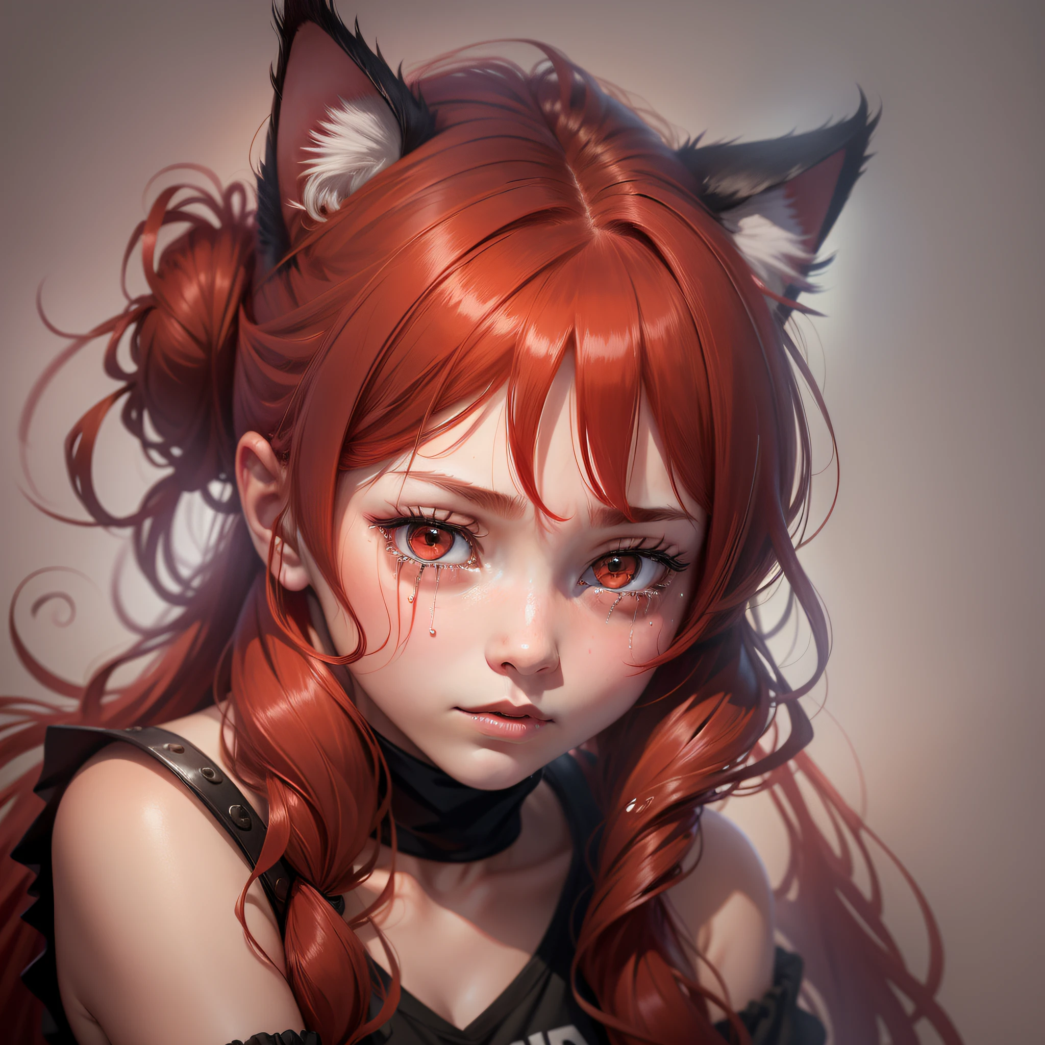 A GIRL, red hair, double bun, streaming tears, cat ears, shy, chiaroscuro, UHD