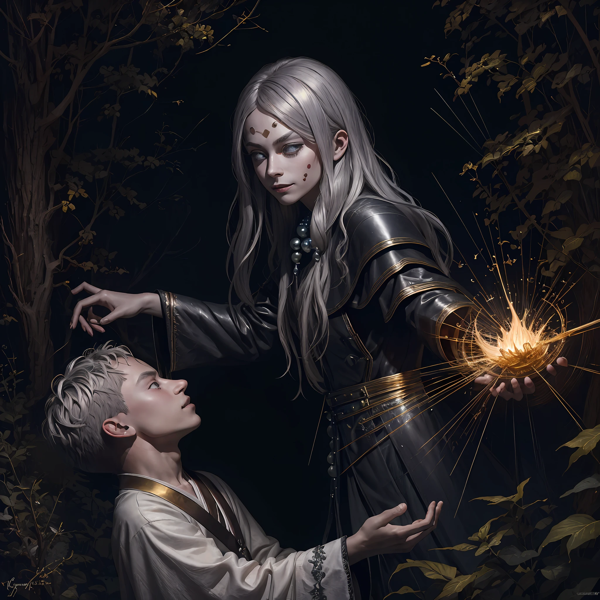 Masterpiece, best quality, MTSpider V4, (((1 young innocent boy)), HDR, very detailed eyes and face, goth, solo, white skin, long hair, beads, japanese clothes, white kimono, silk, stone, forest, northern lights, spider silk, (glowing metal objects hovering in the air and encircling him: 1.2), (arcs and sparks: 1.2), (energy flow: 1.2), (translucent magnetic field lines: 1.2), (gold, silver gray and shimmering light effects: 1.2), horror art, fear, unified 8k wallpapers, ultra-detailed, beautiful and aesthetic, masterpiece, the best quality, deep and rich black shadows, mother earth, smiles, enchanting whimsical fantasy forest background, happiness, enchanting atmosphere, very detailed, dynamic angles, cowboyshot, most beautiful chaotic forms, elegance, fauvist design, bright colors, romanticism, by James Jean, Robbie Devi Antonio, Ross Tran, Francis Bacon, Michal Mlaz, Adrian Ganey, Petra Corright, Gerhard Richter, Takashi Yamamoto, Ashley Wood, Atmospheric