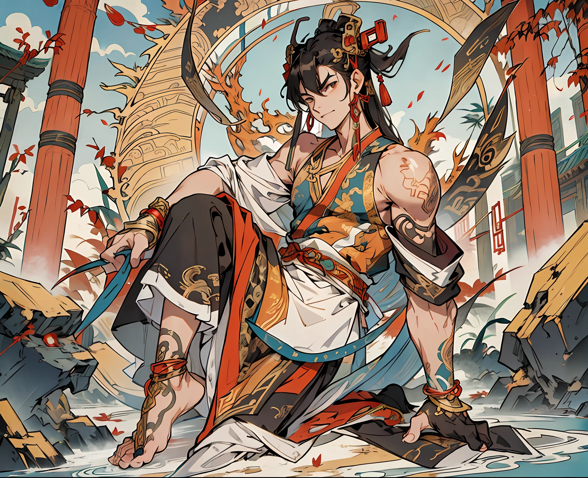 Best quality, 4K, solo, (anime: 1.2), male, teenager, with a Chinese dragon horn on the head, earrings on the ears, bracelets on the wrists, (metal ankle rings on the ankles: 0.8), ancient Chinese style, (full body: 0.2), (bare shoulder: 0.8), long hair, (fair skin: 1.5), dance moves