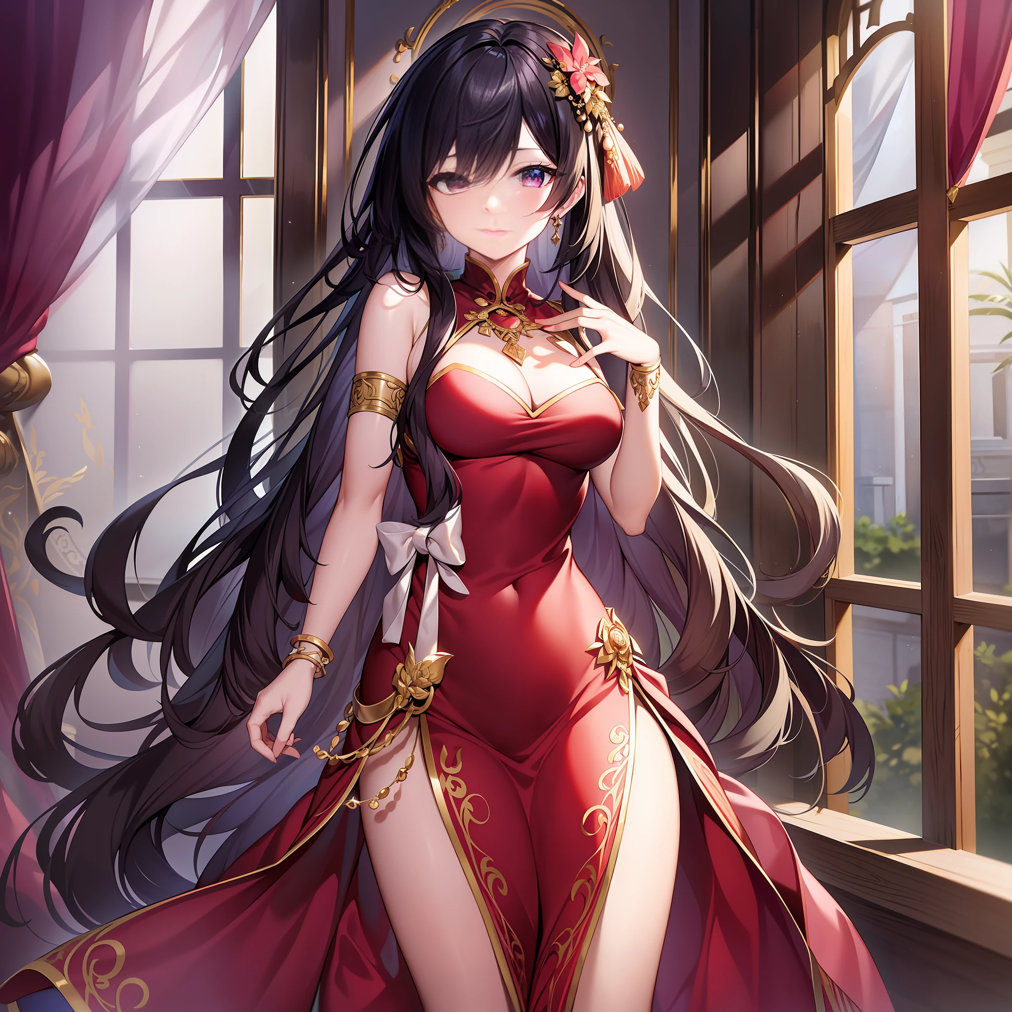 Object expression: the mouth is slightly upturned, slightly arrogant; The eyes are half-open, revealing a faint sweet breath; The eyebrows are raised lightly, slightly defiant.
Hairstyle and color: long black hair, two bows coiled on both sides, feminine.
Clothing style and color: wearing a red Chinese long dress full of oriental charm, the skirt is long and flowing, rippling in the breeze; Exudes an enchanting aura.
Accessories on the figures: wearing a delicate and ornate gold necklace inlaid with polished and rounded rubies, shimmering with brilliant light; On his wrist is a gold wristband inlaid with purple crystals that shine with crystal clarity.
Character pose: left hand supporting the waist, right hand crossed in front of the waist, red skirt gently swaying with the breeze.
The light of the environment: the setting sun shines obliquely, through the gauze curtain outside the window, sprinkling on the female emperor, creating an ambiguous atmosphere.
Ambient atmosphere: exudes a mysterious and sweet atmosphere.
Environmental features: The room is decorated with elegant classical furniture, which match each other to highlight the atmosphere of classical beauty.
Ambient time: At dusk, the sky is slightly dark and the lights are dim.