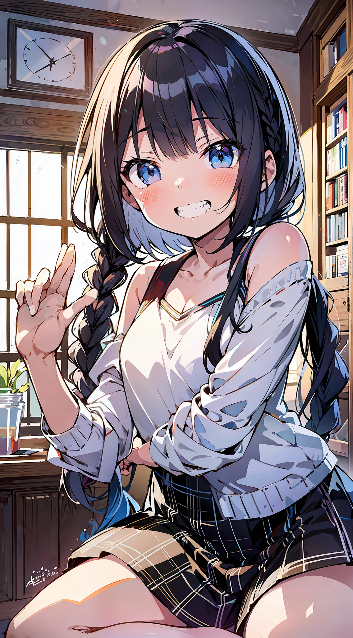 anime girl with long black hair sitting in a library, anime moe artstyle, anime visual of a cute girl, with index finger, kantai collection style, small curvy loli, marin kitagawa fanart, high detailed official artwork, cute anime girl, anime style portrait, (anime girl), official artwork, clean detailed anime art, digital anime illustration, young anime girl