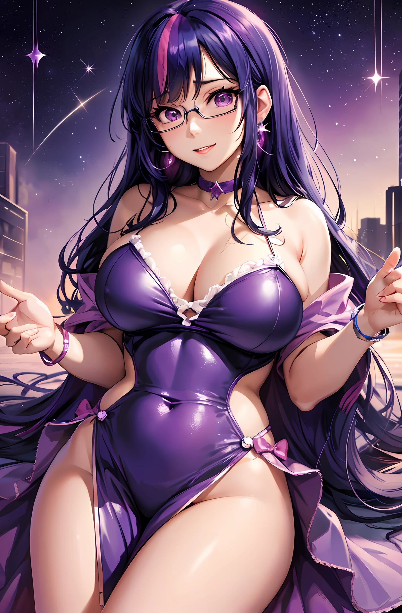 Twilight Sparkle, Twalight Sparkle from my little pony, Twalight Sparkle in the form of a girl, in a purple dress, kubluki, big breasts, lush breasts, voluminous breasts, elastic breasts, closed breasts, at the disco, star earrings