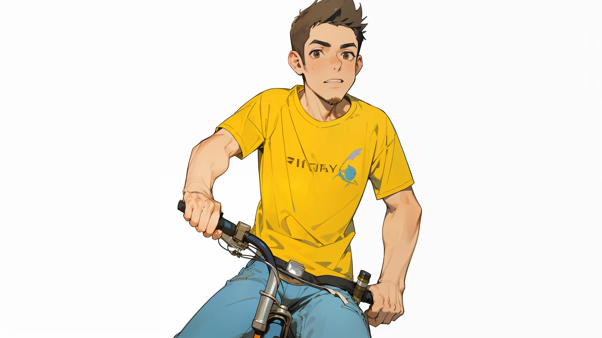 A young man of 23 years, robust jaw, short black hair, spiky cut, light brown eyes, white skin. blue T-shirt, jeans, Vans-style sneakers, 3-day beard, riding a bicycle, in the background a street, sidewalk and houses and trees