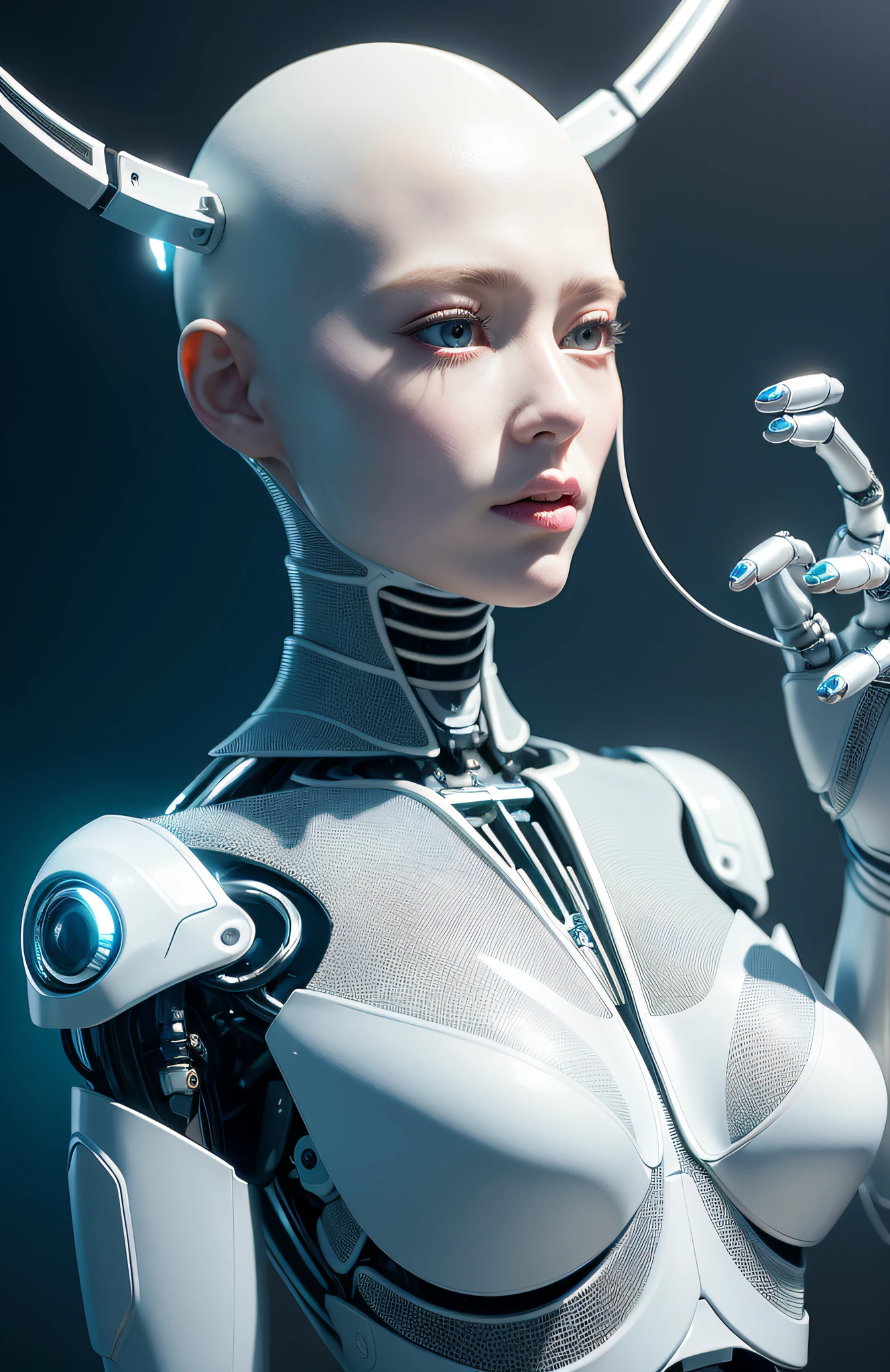 complex 3d render ultra detailed of a beautiful porcelain profile woman android face, cyborg, robotic parts, 150 mm, beautiful studio soft light, rim light, vibrant details, luxurious cyberpunk, lace, hyperrealistic, anatomical, facial muscles, cable electric wires, microchip, elegant, beautiful background, octane render, H. R. Giger style, 8k, best quality, masterpiece, illustration, an extremely delicate and beautiful, extremely detailed ,CG ,unity ,wallpaper, (realistic, photo-realistic:1.37),Amazing, finely detail, masterpiece,best quality,official art, extremely detailed CG unity 8k wallpaper, absurdres, incredibly absurdres, robot, silver halmet, full body, sitting