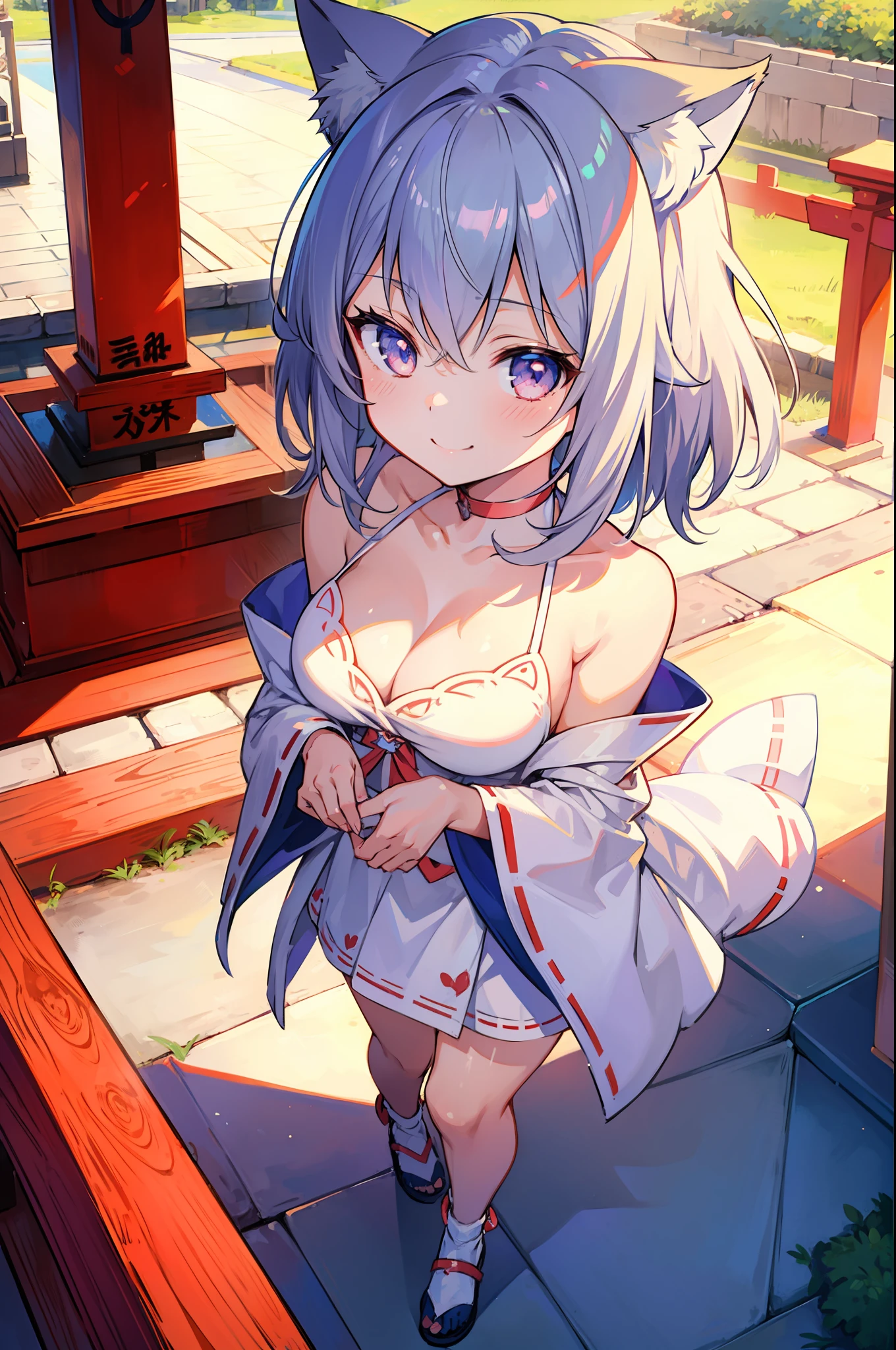 Masterpiece, Top Quality Anime Illustration, Super Detail, One Girl, Solo, Silver-haired Beautiful Girl, Anime Loli, Cat Ear Loli, Miko, Smile, Cleavage Emphasis, Thigh Focus, Shrine