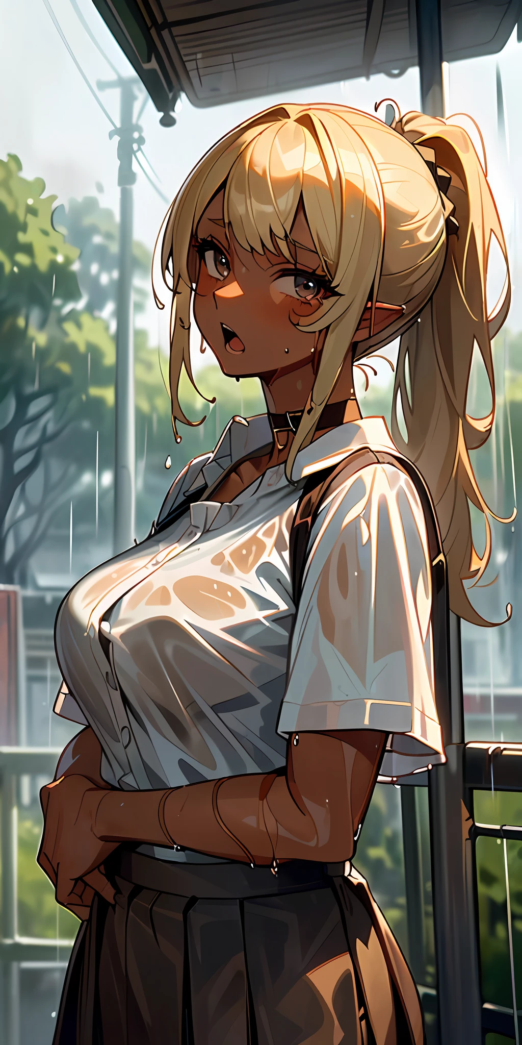 ((masterpiece, top quality), super delicate, detailed eyes, blonde, (((brown skin)), big breasts, thin waist, long bangs, ponytail, long-haired, women, dark elf, choker), under the eaves of the Japan, bus stop, countryside, rain, (dark clouds), looking up at the sky, melancholy, troubled face, open mouth, (((very wet short-sleeved shirt)), uniform, summer, ((looking at viewer))))), Wet miniskirt, sweat, one school bag, sheer bra, (dim lighting), (chest hugging), cold lighting