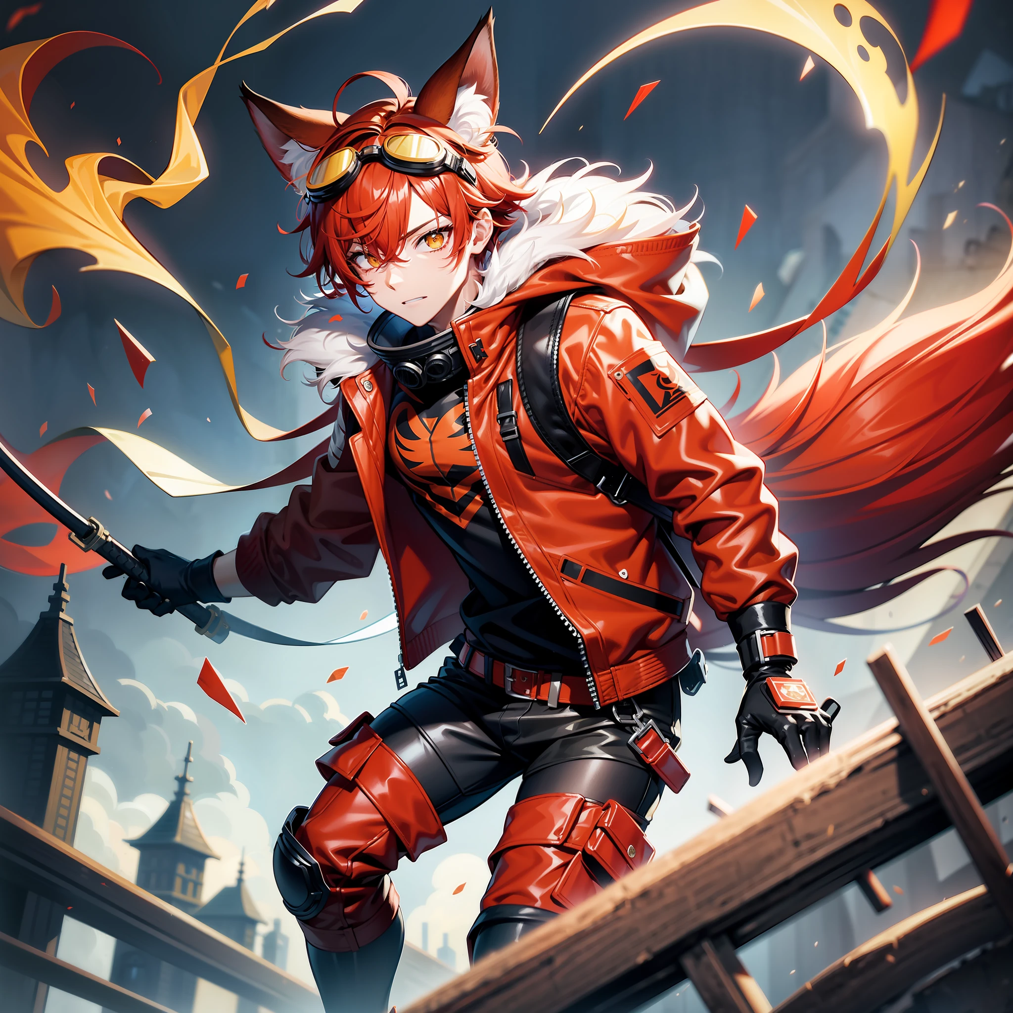 1boy, animal_ears, adult, scabbard on back, full body, red hair, red fox tail, background rainy, red fox_ears, hands on pocket, gloves, goggles, goggles_on_head, red jacket, letterboxed, male_focus, red_hair, solo, yellow_eyes