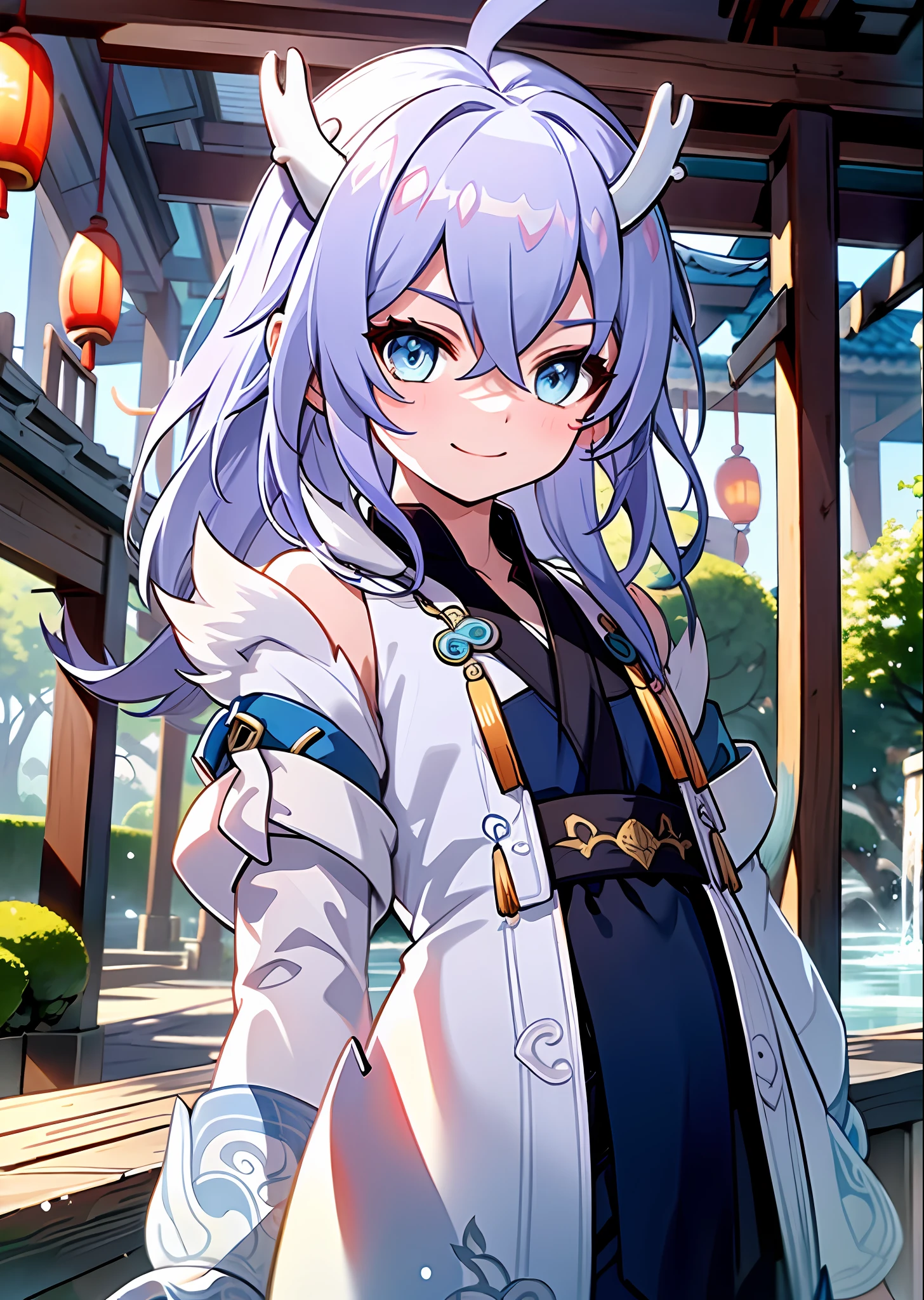 (Best Quality: 1.3), (Masterpiece: 1.3), (Illustration: 1.3), (Ultra Detail: 1.3), (Imid Shot: 0.9), 1girl, Solo, Very Young, Upper Body, Short Neck, Small Breasts, Child, Dragon Tail, Girl, Blue Eyes, Jewel Eyes, Shut Up, Smile, Happy, Naughty Face, Water Element, Ancient Garden, Pavilion, Two Delicate White Dragon Horns on the Head, White and Blue Hanfu, Oriental Dragon, Little Dragon Man, Jiangnan Scenery, Movie Light Effects, Forked Waist, Nezha