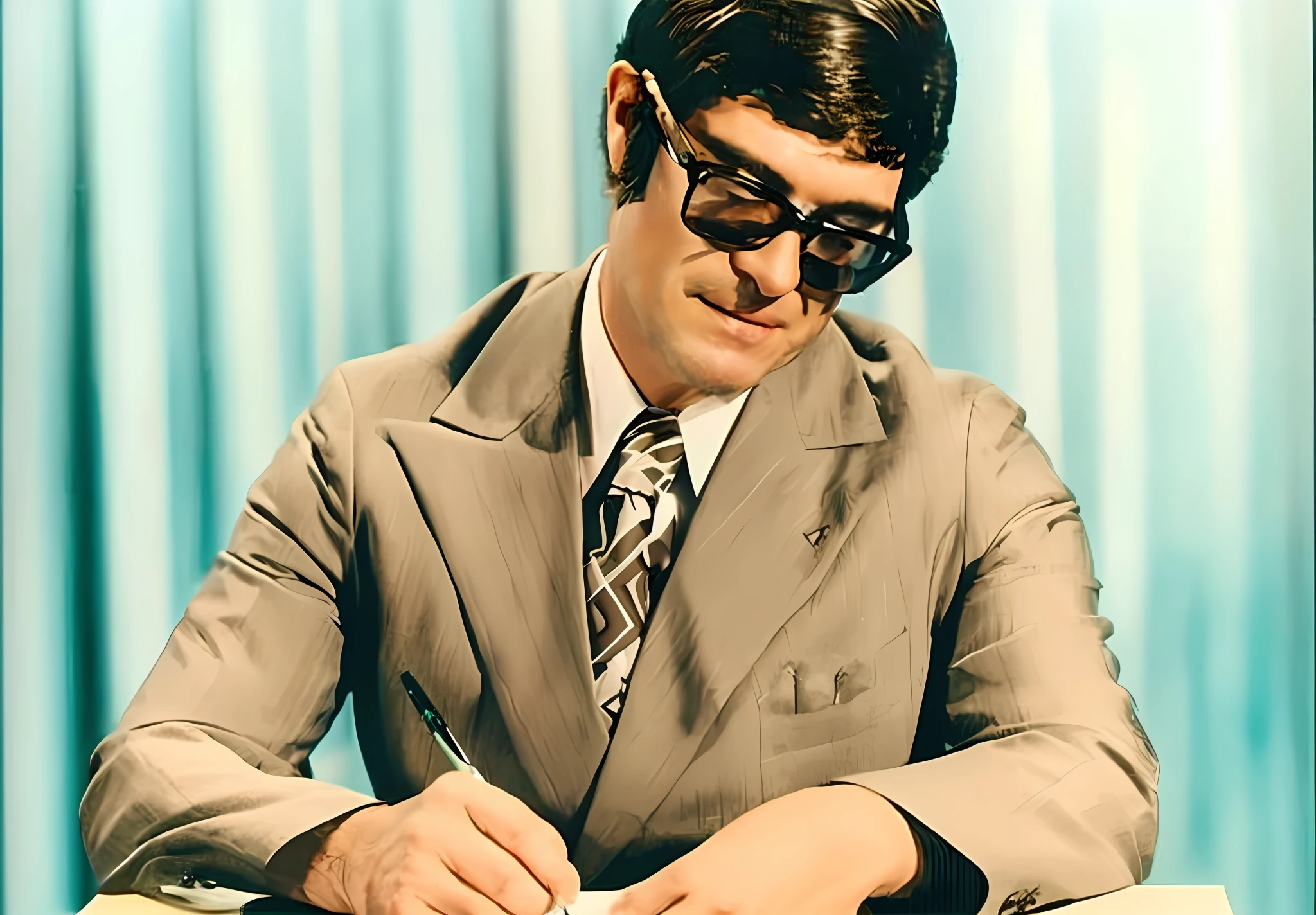 arafed man in a suit and tie writing on a piece of paper, besinski style, wearing a suit and glasses, cool looking, granville chandor, from 1977, in suit with black glasses, very professional, very stylish, seventies, 70s photo, 7 0 s photo, smug look, by Edward Avedisian