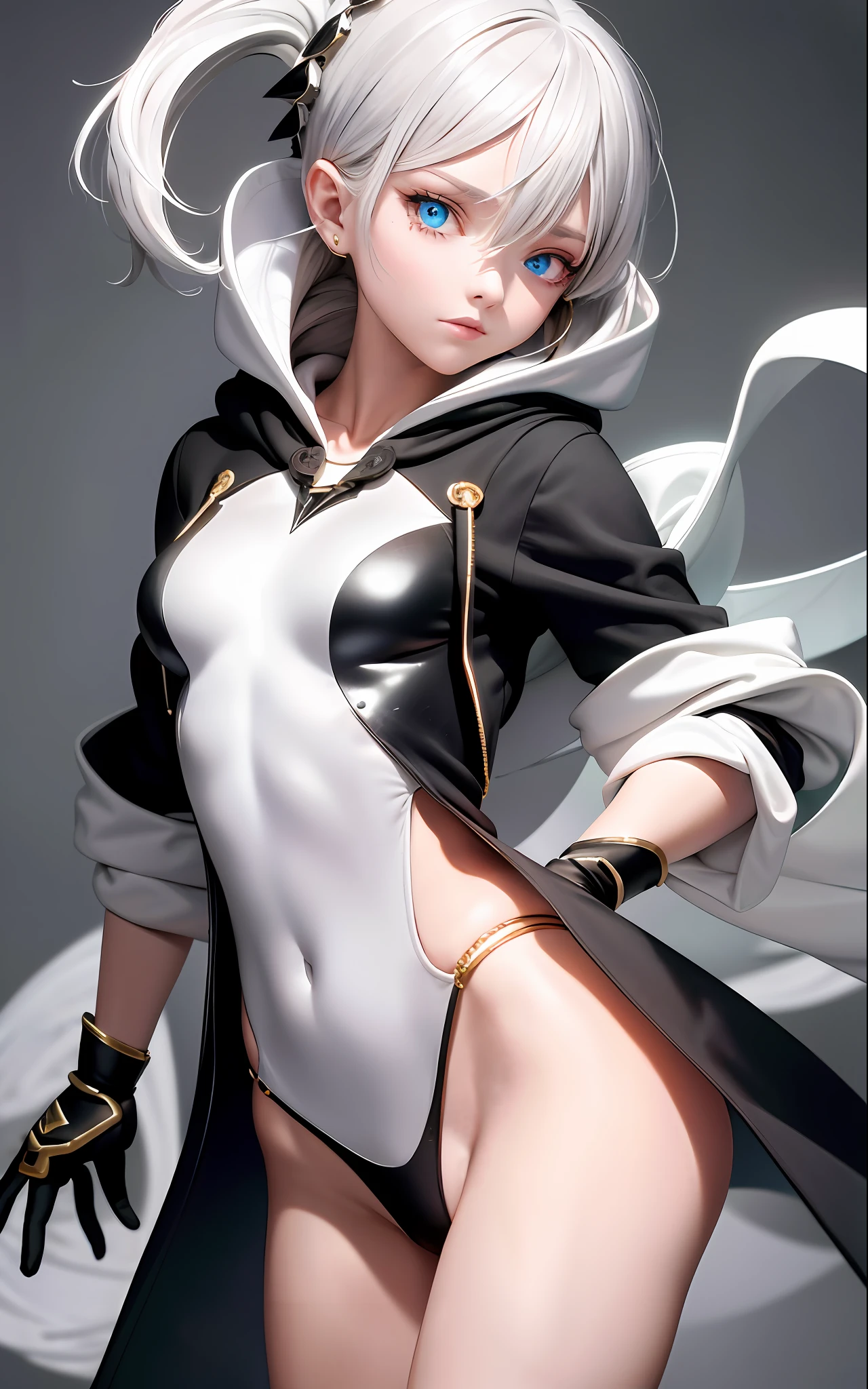 Superb Style, Masterpiece, High Resolution, Best Quality, UHD, Super Detail, Award-Awarded, 16k, (Upper body), A Beautiful Maiden, Gray Hair, Hair, ((Heterochromia)), Hanging Corners, Fair Skin, (Small Breasts), (Slim Body), ((Hoodie)), (Neck Ring), (Short Glove as Short as Half a Palm)