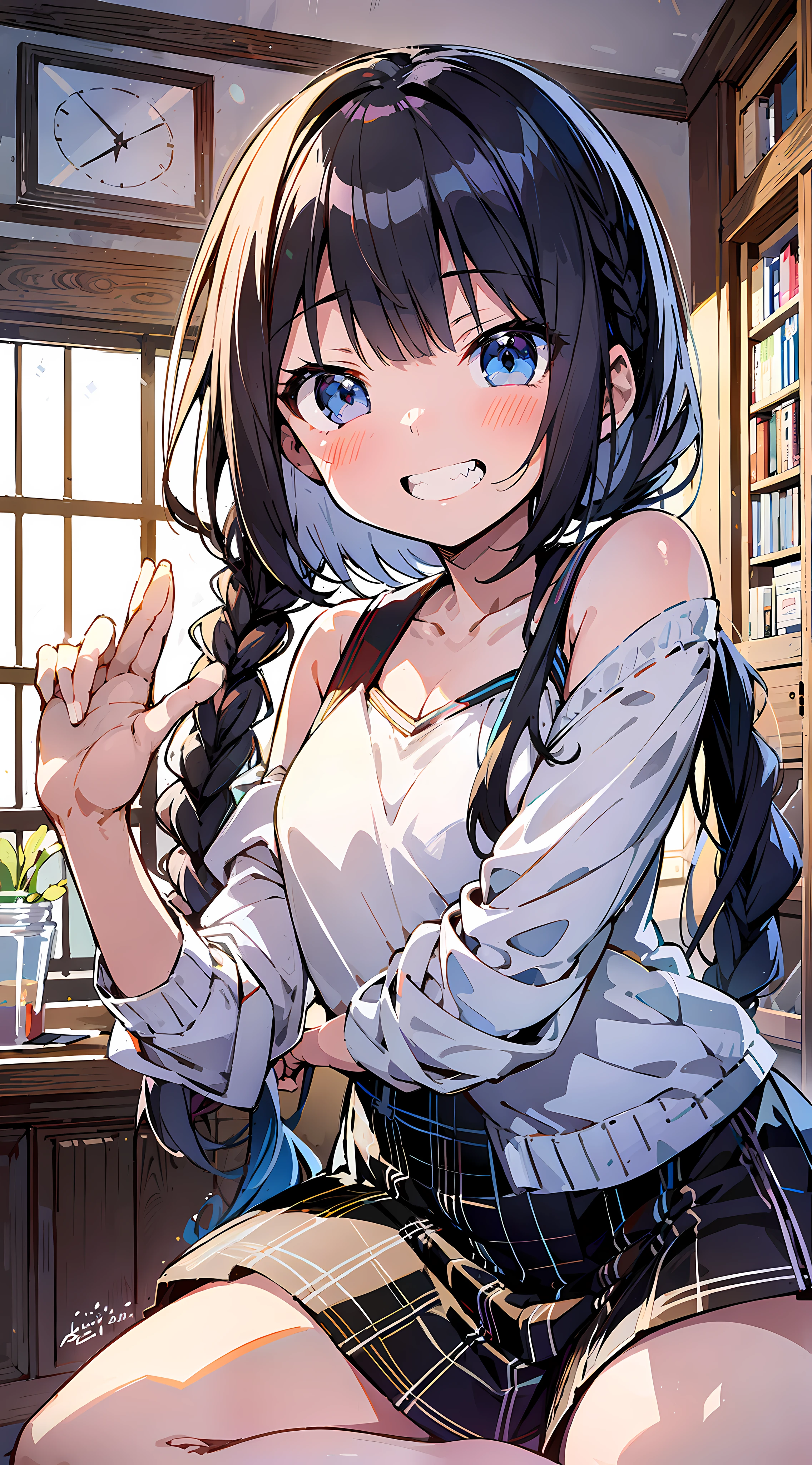 anime girl with long black hair sitting in a library, anime moe artstyle, anime visual of a cute girl, with index finger, kantai collection style, small curvy , marin kitagawa fanart, high detailed official artwork, cute anime girl, anime style portrait, (anime girl), official artwork, clean detailed anime art, digital anime illustration, young anime girl