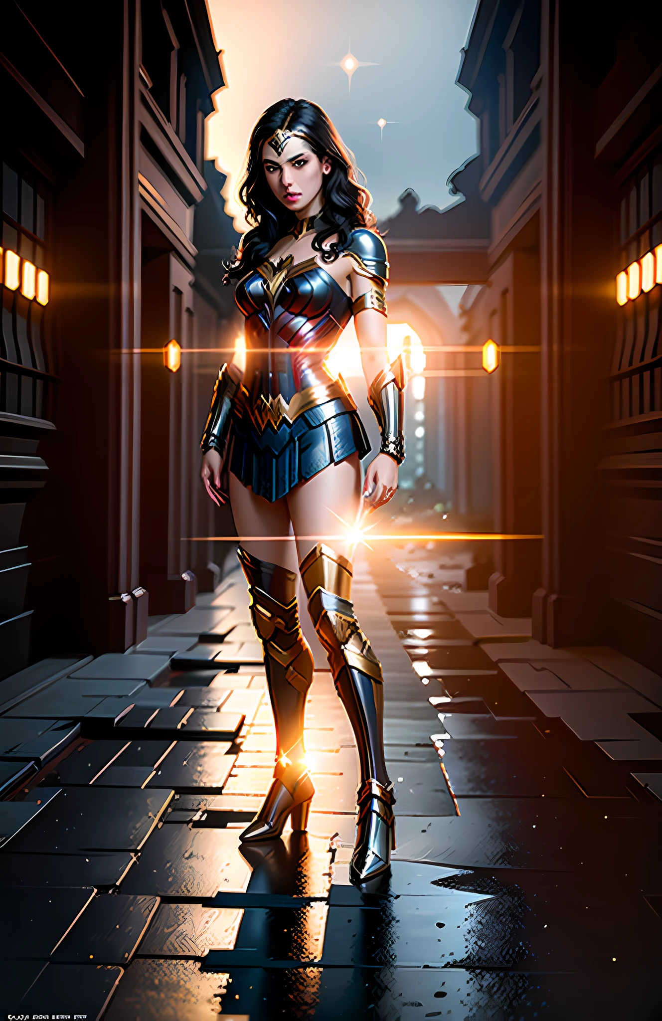 Gal Gadot as Wonder Woman, her black armor reflecting starlight, examining the ruins of a long-lost city., Surrealism, ray tracing, cinematic lighting, masterpiece, anatomically correct, high details, super detail, best quality, highres, 8k, 16k