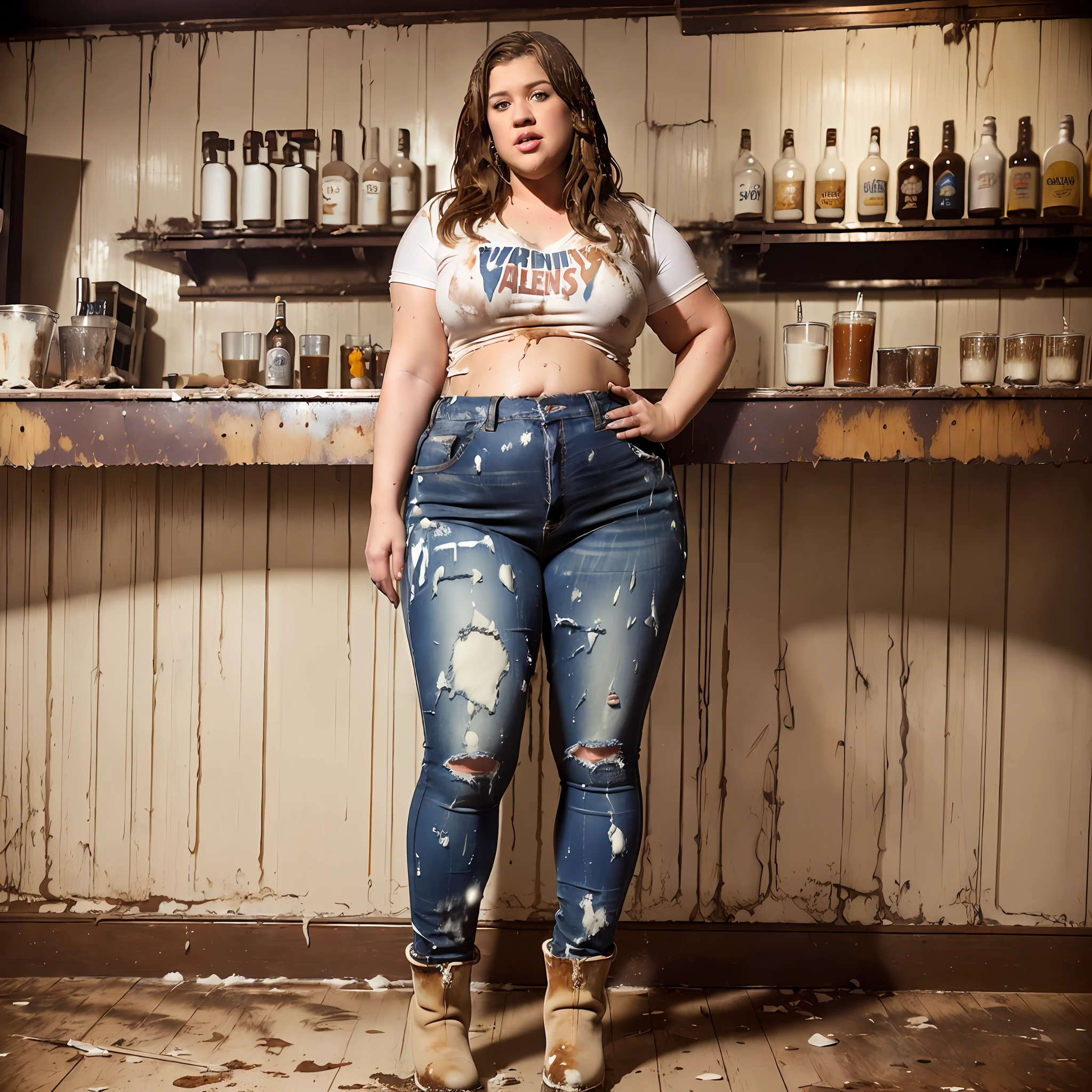 ((Overweight)) ((chubby)), Kelly Clarkson, small , long brown hair, wearing dark jeans, t-shirt, ankle boots, standing in a bar soaked in milk ((messy clothes:1.1)) (((full body shot))) (((full length))) (((view side on))) (masterpiece) ((cinematic look))