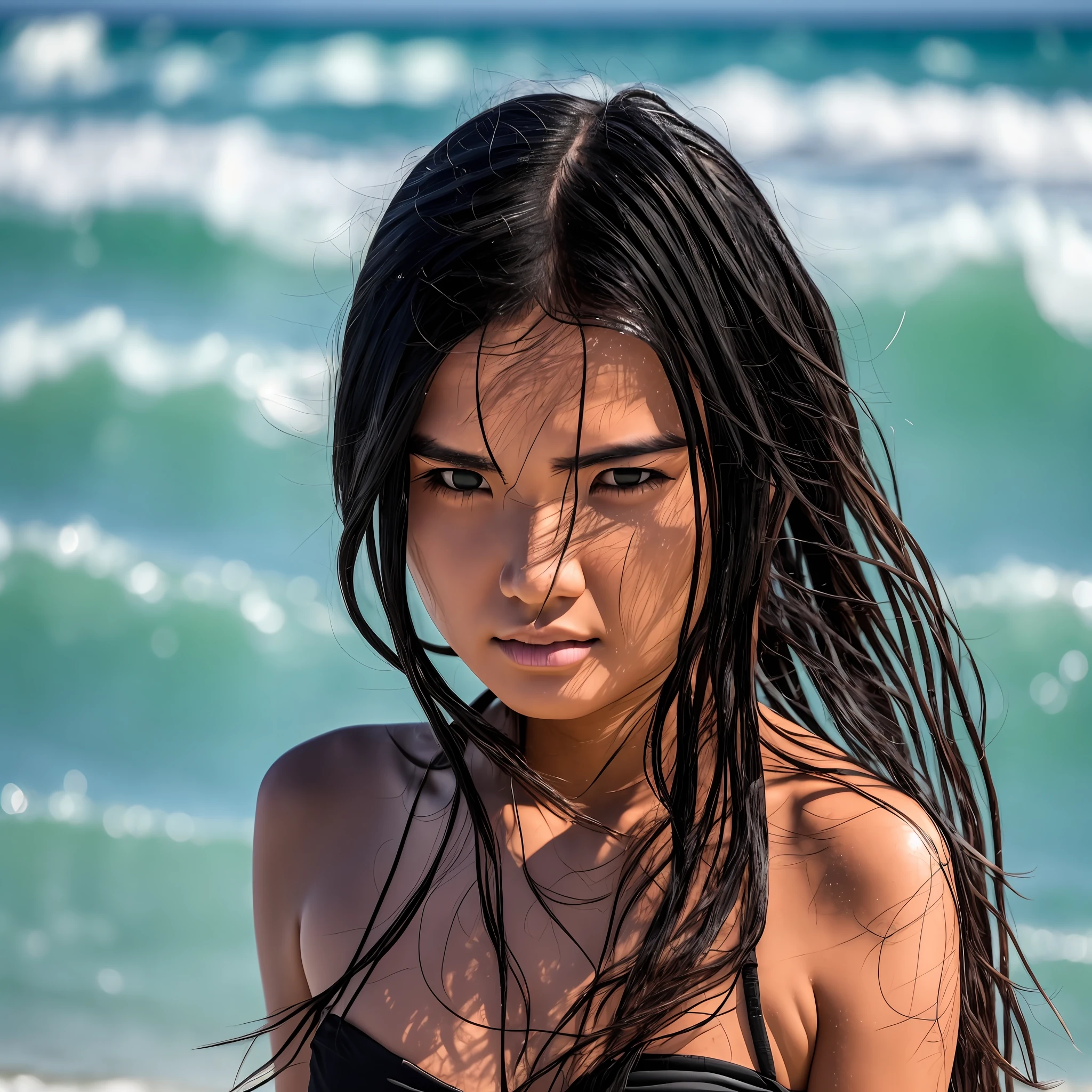 A young woman with long black hair is standing on the beach. Due to the heat, her skin is wet with sweat --auto --s2