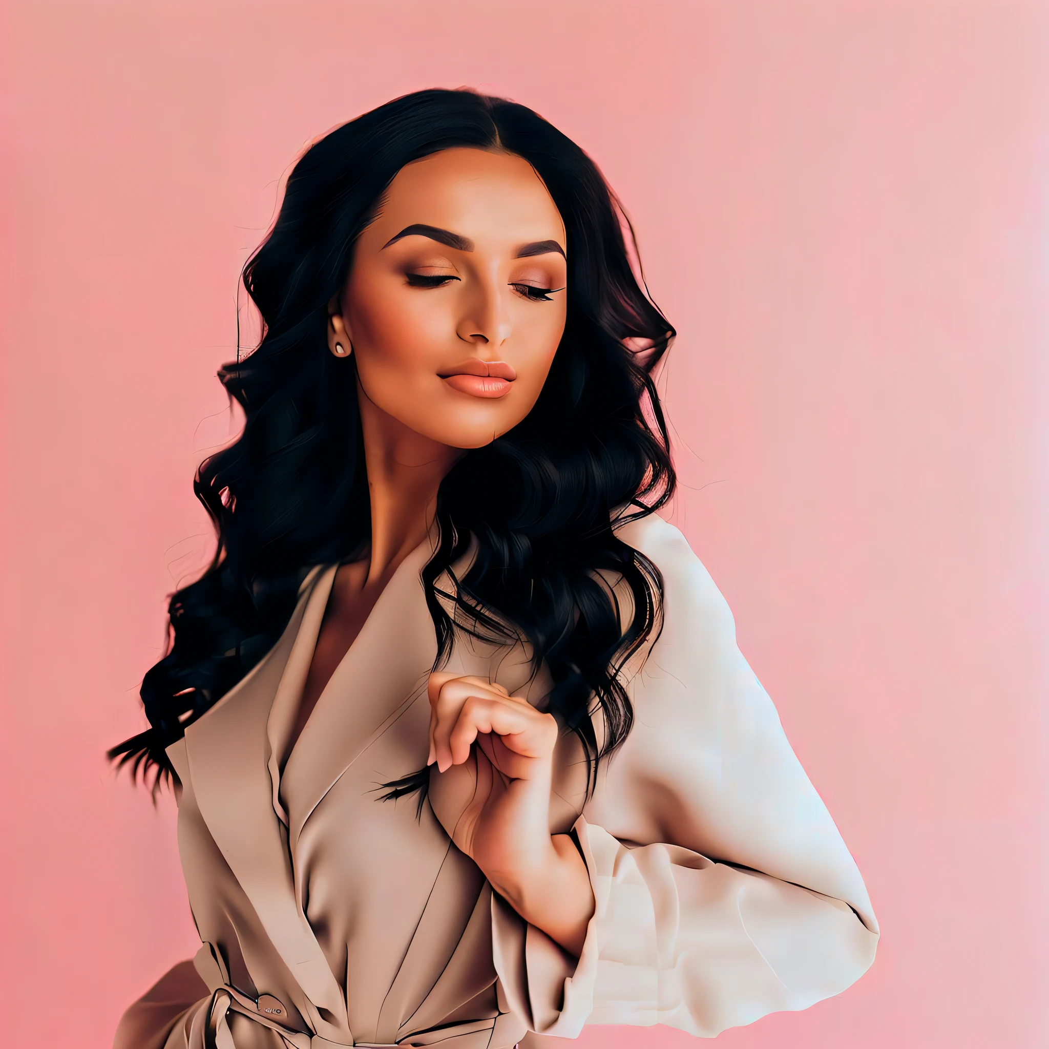 araffe woman in a beige coat and a pink background, woman with black hair, photoshoot for skincare brand, photo of a beautiful woman, female with long black hair, jovana rikalo, olga buzova, girl with black hair, young woman with long dark hair, lovely woman, promotional photoshoot, sophisticated young woman, woman is in a trenchcoat