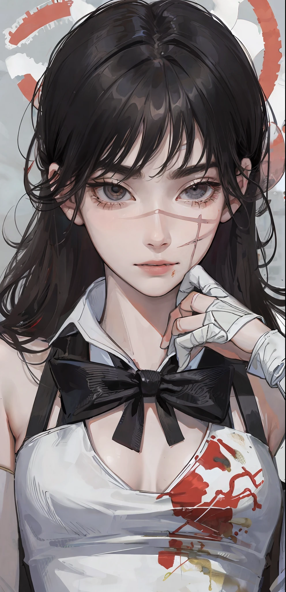 ((masterpiece, best quality)), (1girl), (solo), (female focus), Yoru\(chainsaw man\),(very detailed face, real image, realistic skin, realistic body, intricate details), upper body, dark eyes, bandages over the body, black hair, hair tied, far sleeve shirt, pinaphore dress, black tie, bandages, blood, bandages, blood, blood, small breasts, classroom, students, Blur background