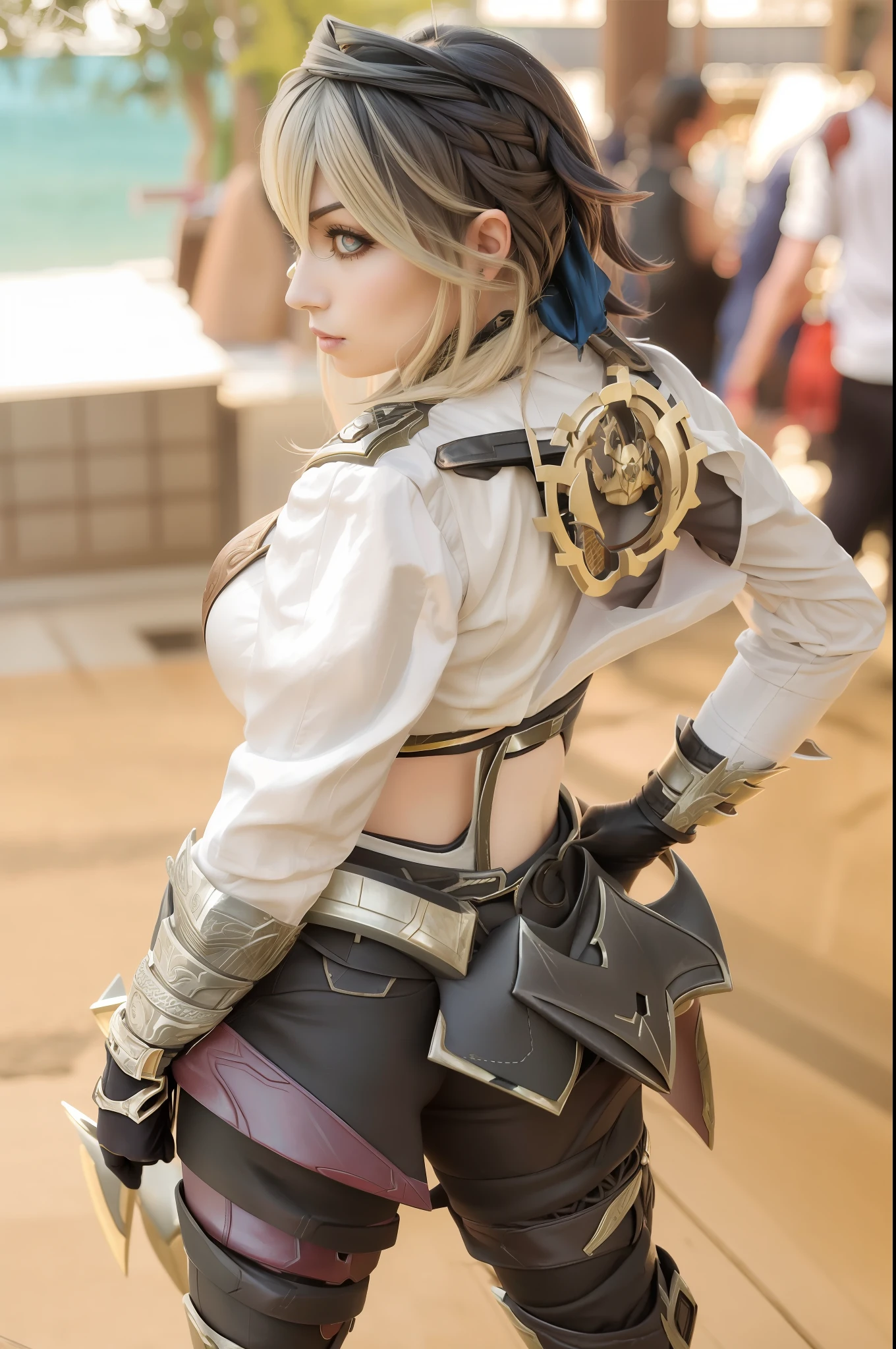 Há uma mulher de jaqueta prateada e calça preta, Fiora de League of Legends, Irelia de League of Legends, cosplayer, cosplay, Riven de League of Legends, Lux de League of Legends, Ashe de Overwatch, Sombra de Overwatch, Cosplay de Overwatch, foto cosplay, Jinx de League of Legends, Samira de League of Legends, futurist