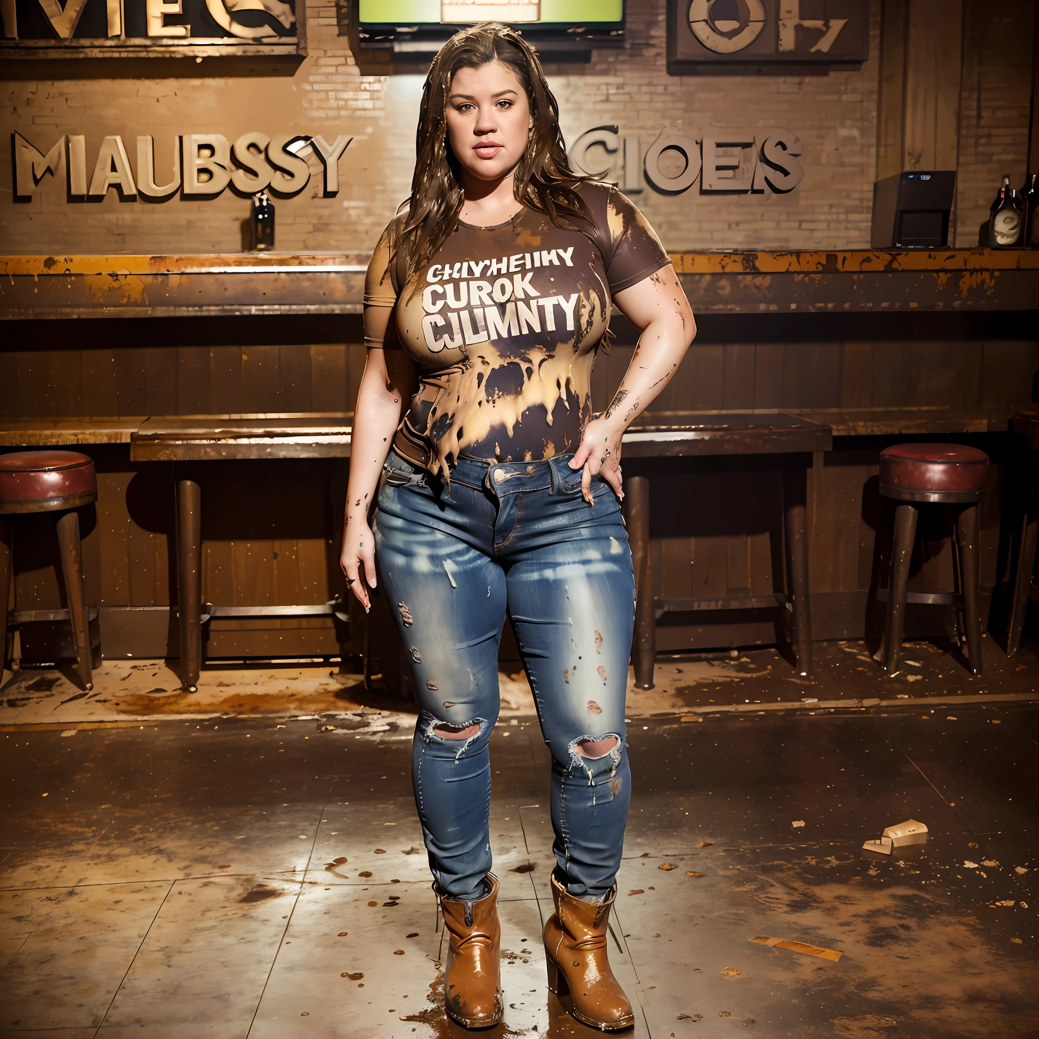((Overweight)) ((chubby)), Kelly Clarkson, small breasts, long brown hair, wearing dark jeans, t-shirt, ankle boots, standing in a bar soaked in beer ((messy clothes:1.1)) (((full body shot))) (((full length))) (((view side on))) (masterpiece) ((cinematic look))