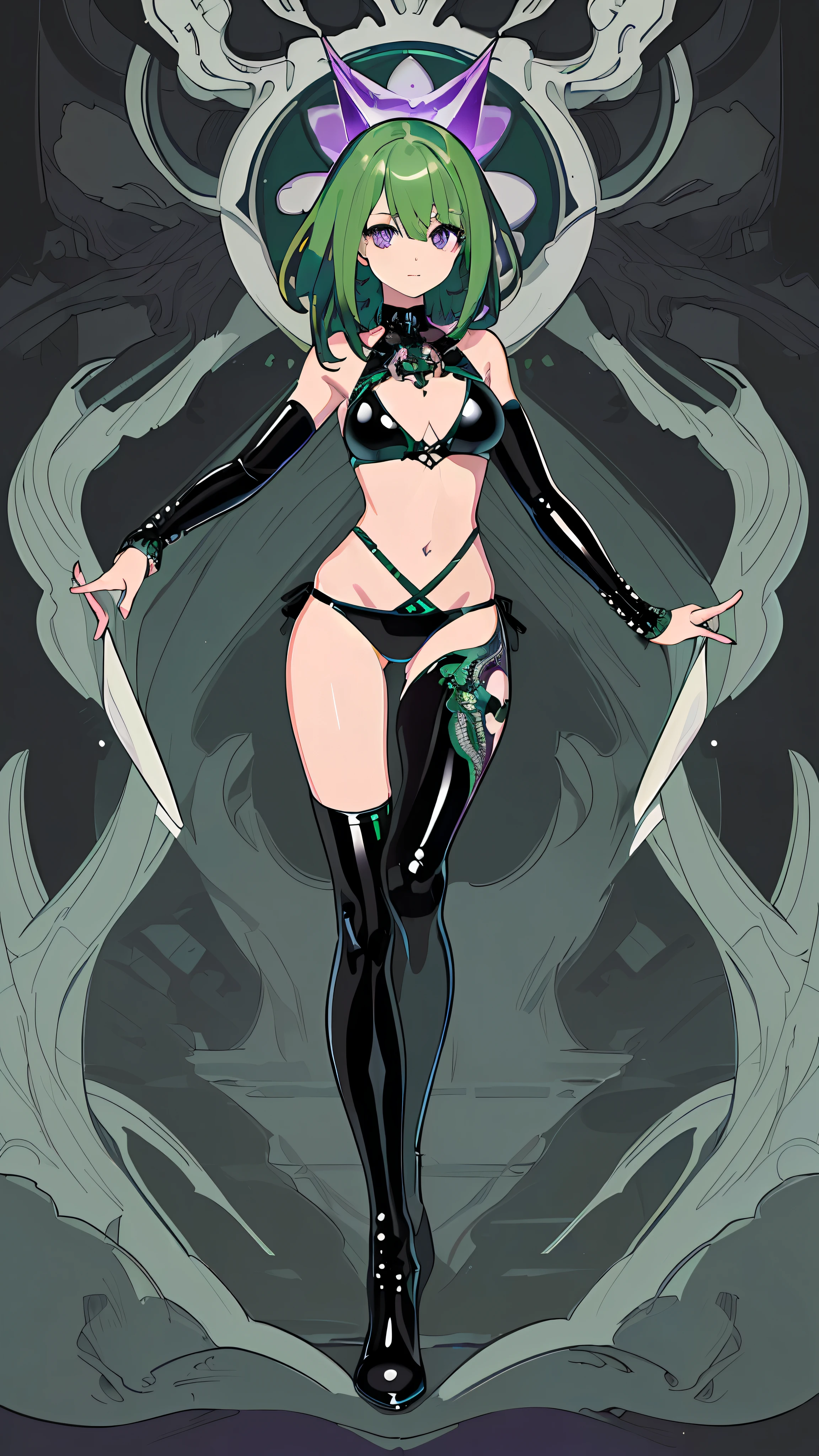 (((masterpiece))),(((bestquality))),((ultra-detailed)),(illustration),((anextremelydelicateandbeautiful)),dynamicangle,floating,(beautifuldetailedeyes),(detailedlight) (1girl), solo, green hair, purple eyes, black latex bikini, long black leather spikey punk style boots, emo, black skull pattern background