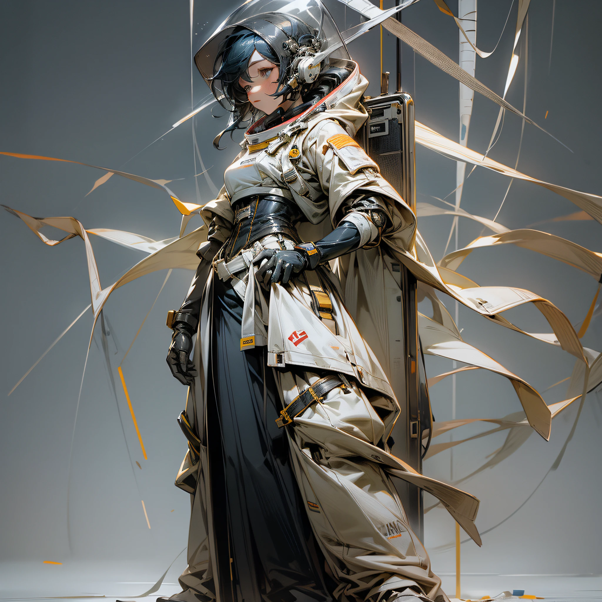 astronaut, woman, bandage wrapped arms, leather gloves, tech wear, (full body), boots, long skirt, corset