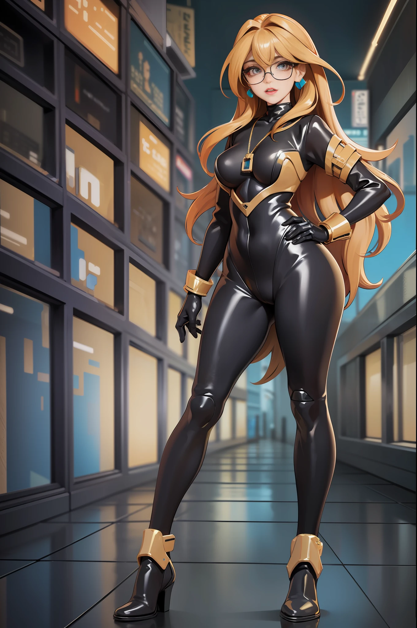 full body picture Unreal Engine 5 8K UHD Octane, fractal, pi, realistic beautiful girl, face detailed, wearing cyberpunk futuristic black latex catsuit, gold lace, latex glove, earrings, long blonde hair, gold necklace, leather jacket, glasses, best quality, masterpiece