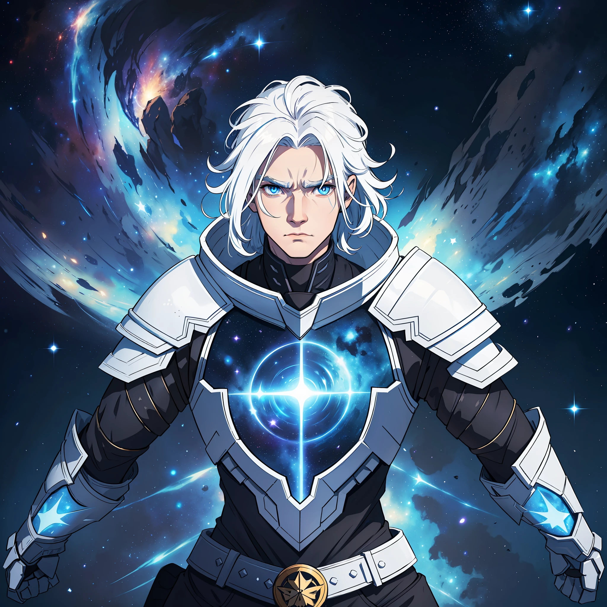 A warrior, a man with medium white hair, wearing a dark magic armor of black steel, this man has white hair and blue eyes, inspired by the cosmological stars, an artistic representation of the stars and the universe, stars and galaxies in the background, composing an impressive and beautiful image, full of contrast, shadows and magical lights, medium hair at ear height;