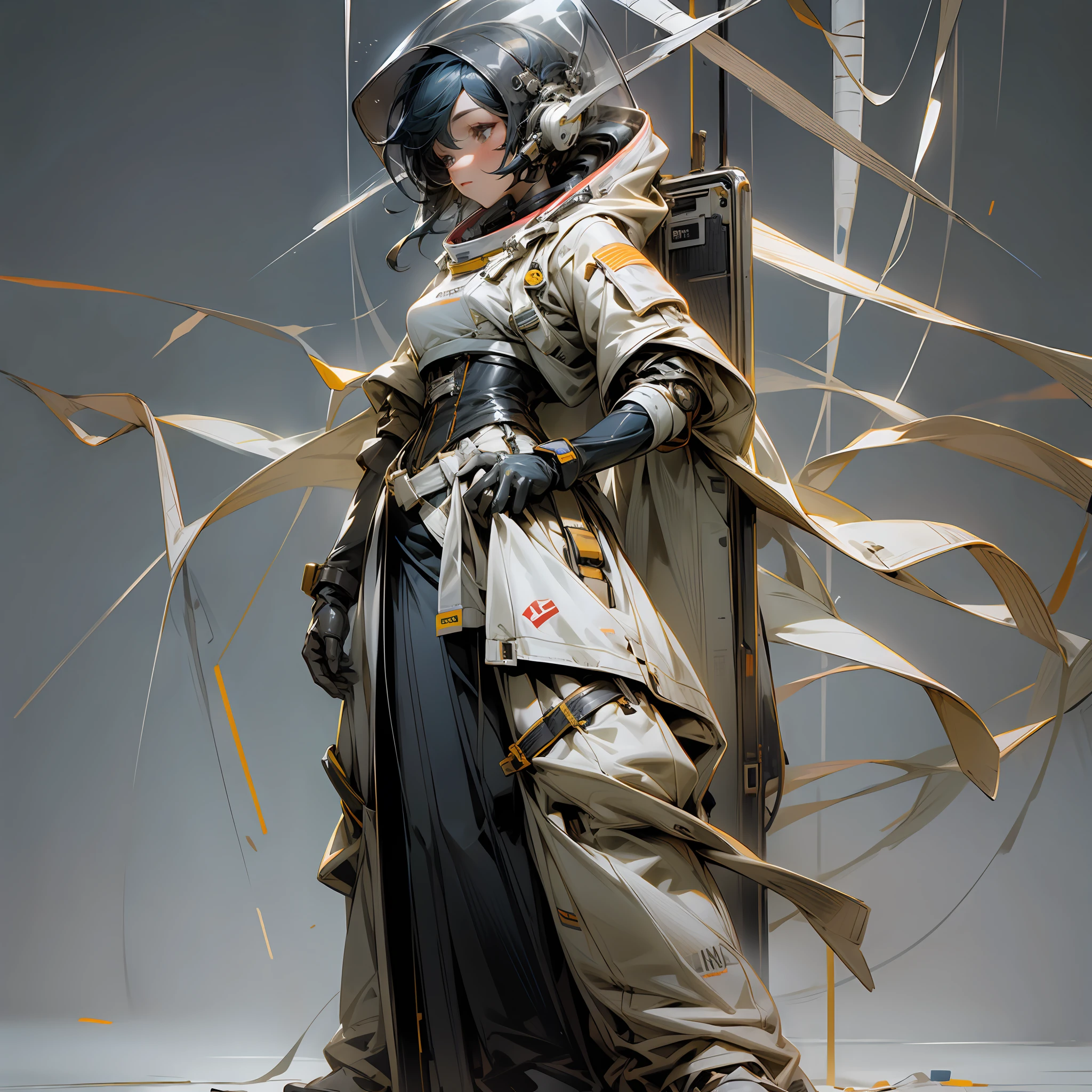 astronaut, woman, bandage wrapped arms, leather gloves, tech wear, (full body), boots, long skirt, corset