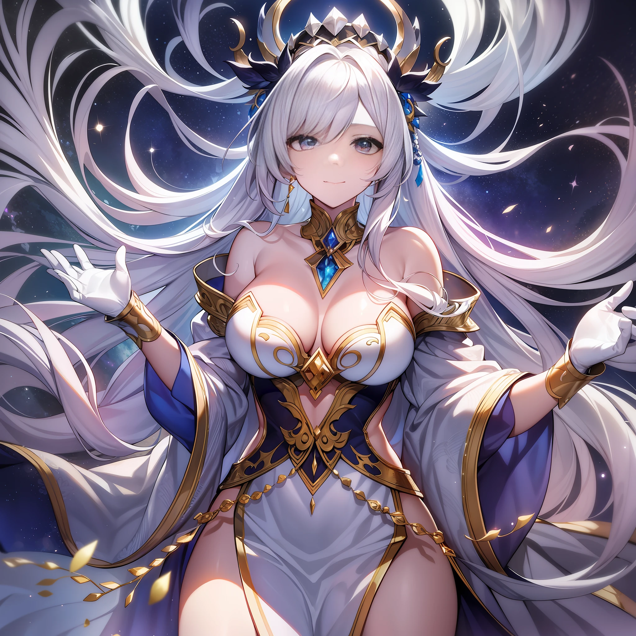 Character expressions: dignified and dignified, with a hint of mystery.

Hairstyle and color: Nine bright snow-white foxtails are tied in a bundle and tied into a slender hair direction, which is slightly shiny when spread out in the wind, making people look bright.

Clothing style and color: wearing a tassel white long dress, the details are decorated with silver embroidery and sequins, reflecting the noble temperament of the heroine.

Accessories on the figure: a white gemstone containing mysterious power is worn between the forehead, shining with a gentle light; The white silk shawl is embellished with nine silver trinkets, which hang down on the shoulders to look particularly noble.

Character pose: Crawling in a cave, the foxtail gently fluctuates forward, emitting a faint white light.

The light of the environment: the moonlight shining through the cave reflects her perfect silhouette, making her more mysterious and beautiful.

Atmosphere: The cave is quiet and deep, and time seems to freeze.

Environmental features: Below is a vast ice giant cave, above is the endless starry sky, which is the 10,000-year cultivation place of the female emperor of the nine-tailed white fox clan.

Ambient time: deep moonlit night and twinkling starry sky.