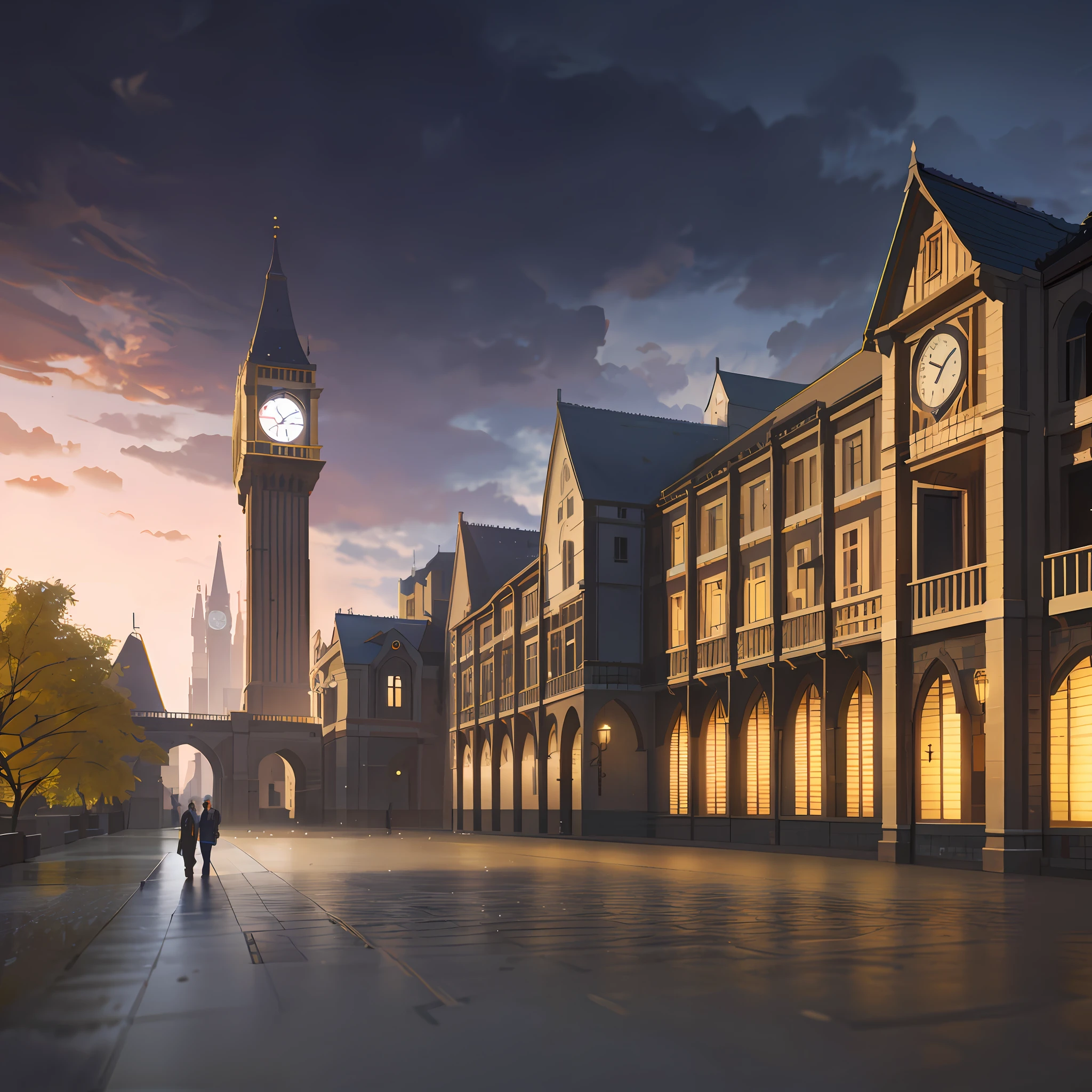 Inspired by Rafael Lacoste, stylized urban fantasy artwork, Rafael Lacoste style, Unreal Engine rendering concept art, anor rondo, martin rafael Lacoste, stunning atmosphere of concept art, global illumination with a clock tower in the middle of the city. VFX, beautiful 3D concept art, 3d rendering and matte painting, highly realistic concept art, correction and enhancement of window details