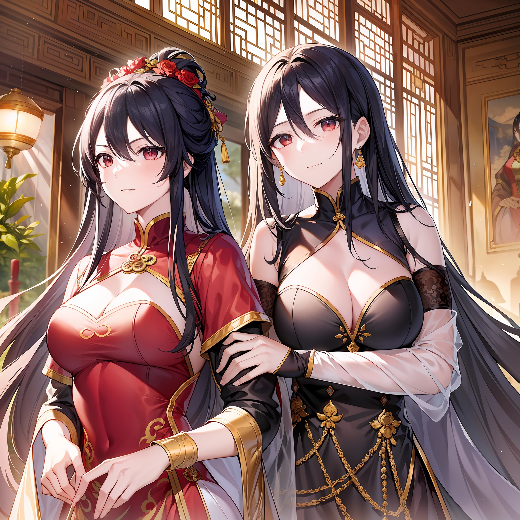 Character expressions: mysterious and charming, the eyes reveal a persistence and determination.
Hairstyle and color: The black hair is coiled at the back of the head, showing the heroine's noble neck and exuding the charm of the years.
Clothing style and color: wearing a gorgeous red wedding dress, with silver embroidery and beads, forming a strong contrast with black hair, highlighting the heroine's elegance and independence.
Accessories on the character: A red flower is combed between the hair, and the elegant temperament adds a bit of charm to it.
Character posture: Holding a silver longsword in his hand, he raised it above his head, highlighting the powerful and resolute side of the heroine.
The light of the environment: In the Luoyang Palace, the sunlight shines through the transparent glass windows in the palace, coating the heroine's figure with a layer of golden light and becoming more radiant.
Ambient atmosphere: full of noble and solemn atmosphere, people are awe and admire.
Environmental features: Luoyang Palace, resplendent in gold, highlighting the majesty and glory of the royal family.
Environmental time: In early spring, the breeze is gentle, the temperature is pleasant, and the peach blossoms are scattered, which makes people more intoxicated by this wonderful moment.