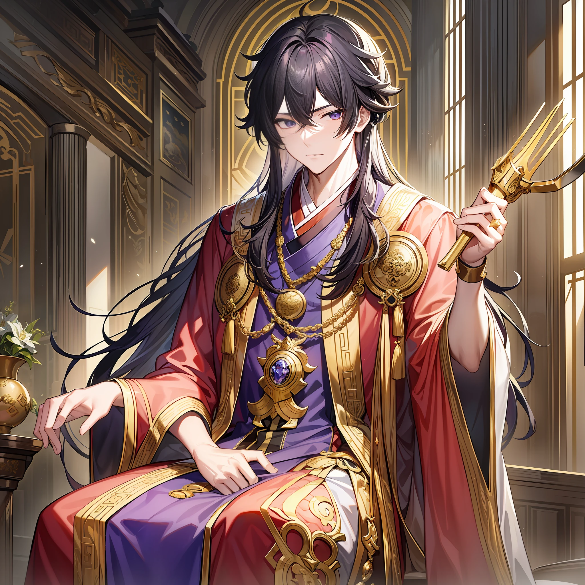 Character expression: Emperor Ye Chen is a very graceful and calm person, his expression is deep, restrained and unassuming, as if separated from the world by a faint mist.
Hairstyle and color: Ye Chen the Great's black hair shawl, slightly fluffy, hair casually down, showing the emperor's casualness and freeness.
Clothing style and color: Emperor Ye Chen wore a white brocade robe embroidered with golden cloud patterns and dragon patterns, and a purple cape over the wide robe, although he was solemnly dressed, but elegant and noble.
Accessories on the character: He does not have many accessories on him, only wears a golden medallion that shows his achievements and honors.
Character pose: He sits on a throne and holds a bronzed scepter with mysterious symbols carved on it, which looks very domineering. His gaze is deep, as if he can see everything.
The light of the environment: The light in the hall he is in is dim, and there are only some faint lights, which can barely see the scene in the hall.
Ambient Atmosphere: There is no doubt that this is a solemn and solemn atmosphere, and everyone in the hall feels an indescribable sense of awe.
Environmental features: The interior of the hall is splendidly arranged, surrounded by precious utensils, utensils and cultural relics, showing the majesty and authority of Emperor Ye Chen.
Environmental time: This is a silent and heavy moment, Emperor Ye Chen is dealing with an extremely important government affairs that requires full attention.