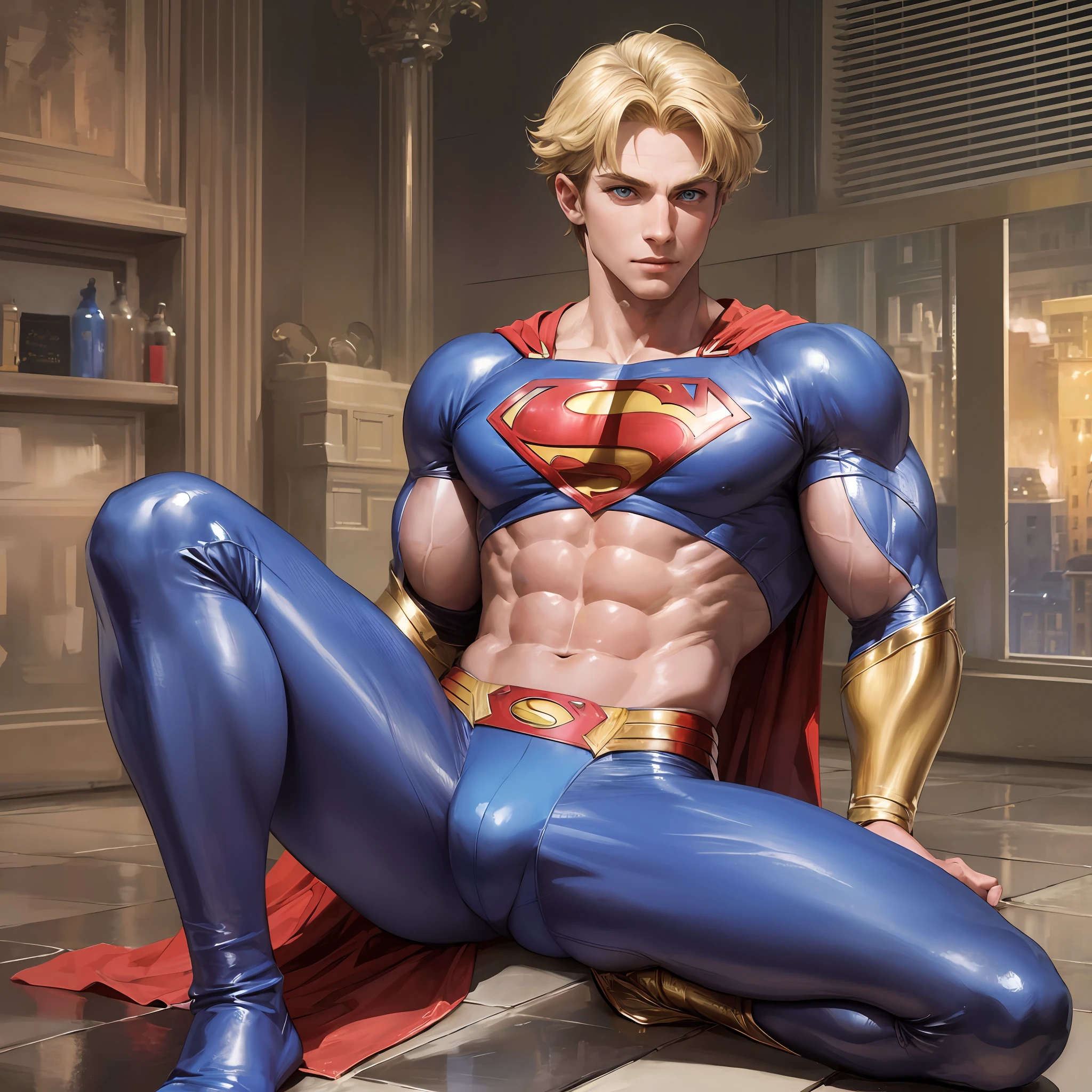 (masterpiece, best quality), 1guy, muscular, blonde, blue eyes, complex, (rooftop), full body, superman costume, bright colors, (depth of field: 1.2), (abs), blush, looking at the audience, on the floor, spreading your legs, --auto --s2