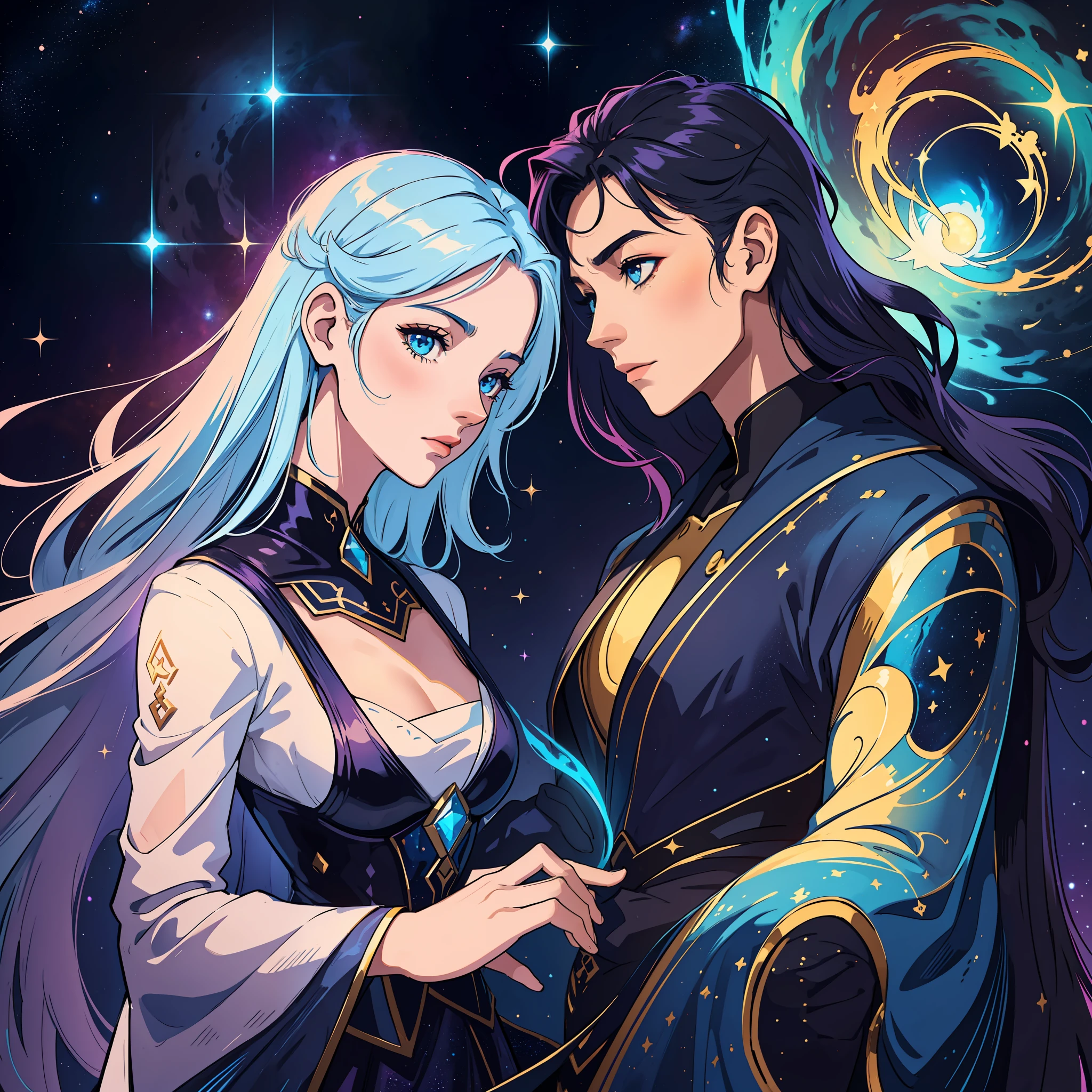 create a man and a woman with unique characteristics, inspired by the sign of Gemini and the cosmological stars An artistic representation of the essence of this sign, with striking features and a mysterious aura, leave in evidence traces and use mystical tones and colors that represent the air, leave in evidence the element AR that represents the sign of twins, a couple